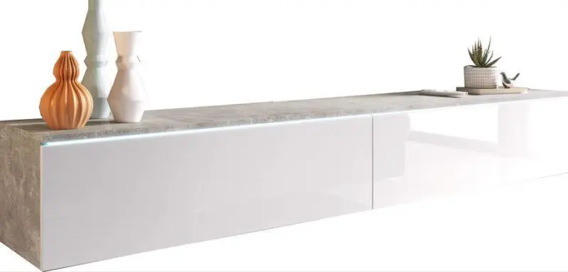 Lowboard ca. 180x30 cm mit LED Beton Optik/Wei&szlig; Hochglanz