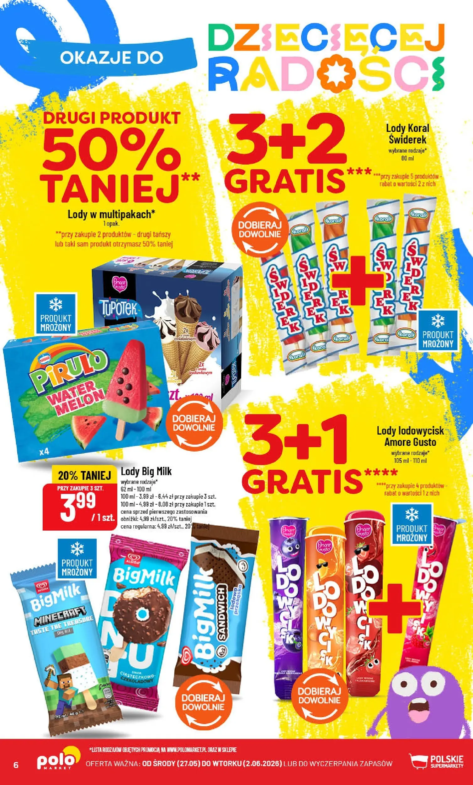 Nowa POLOmarket gazetka od jutra 27.05.2026 | Strona: 6 | Produkty: Sandwich, Big Milk, Lody koral, Lody