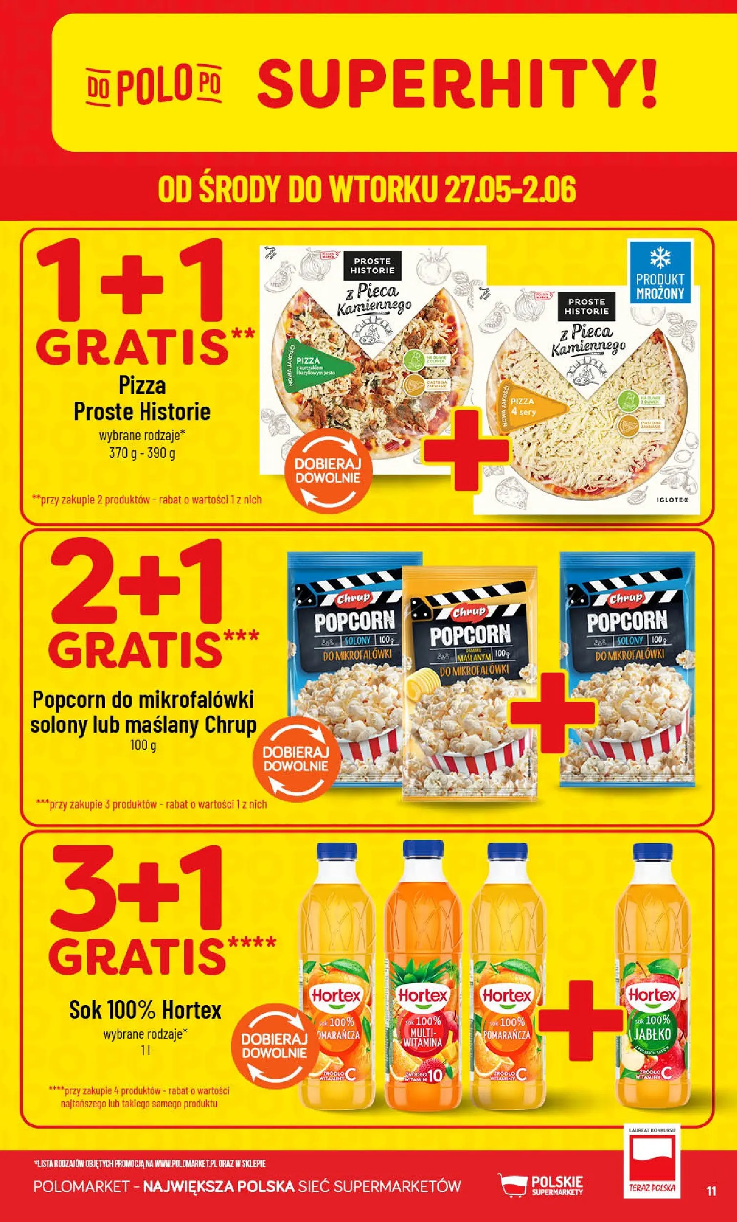 Nowa POLOmarket gazetka od jutra 27.05.2026 | Strona: 11 | Produkty: Sery, Pizza, Sok, Popcorn