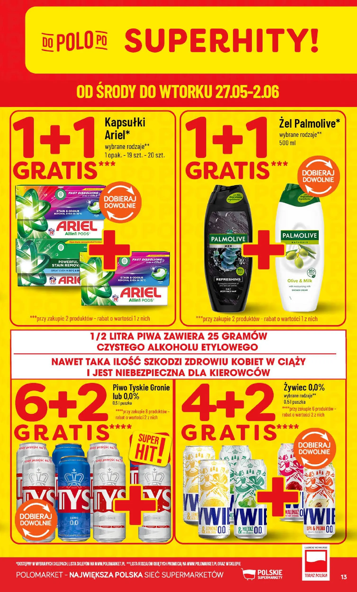 Nowa POLOmarket gazetka od jutra 27.05.2026 | Strona: 13 | Produkty: Ariel, Tyskie, Piwo