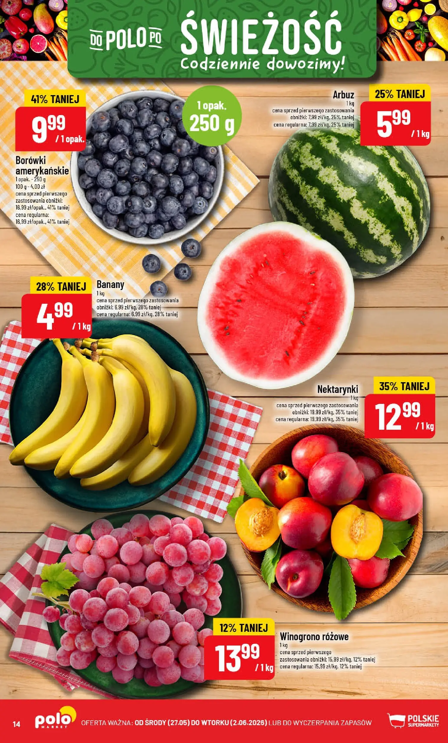 Nowa POLOmarket gazetka od jutra 27.05.2026 | Strona: 14 | Produkty: Arbuz, Winogrono, Banany