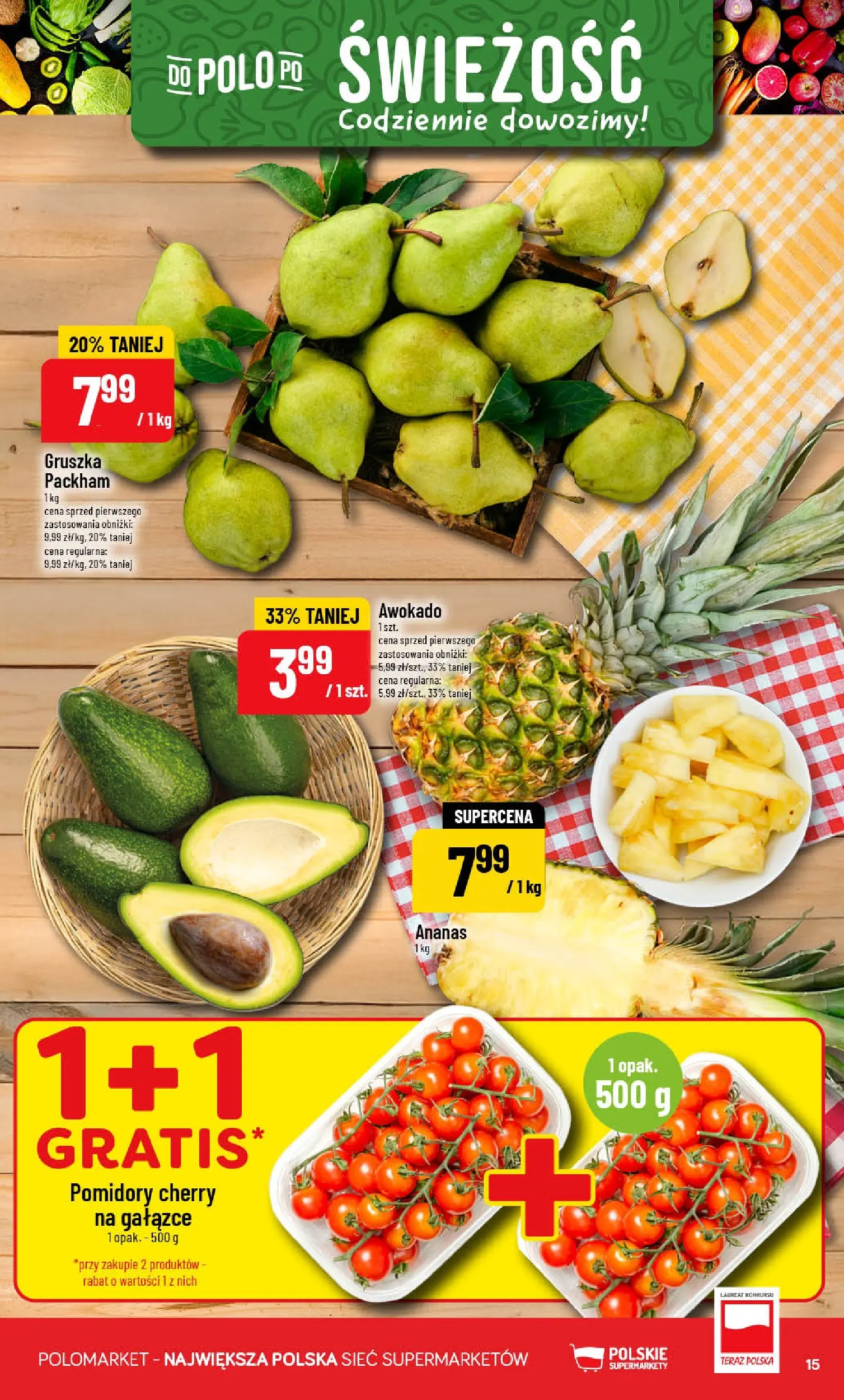 Nowa POLOmarket gazetka od jutra 27.05.2026 | Strona: 15 | Produkty: Gruszka, Pomidory, Ananas, Awokado