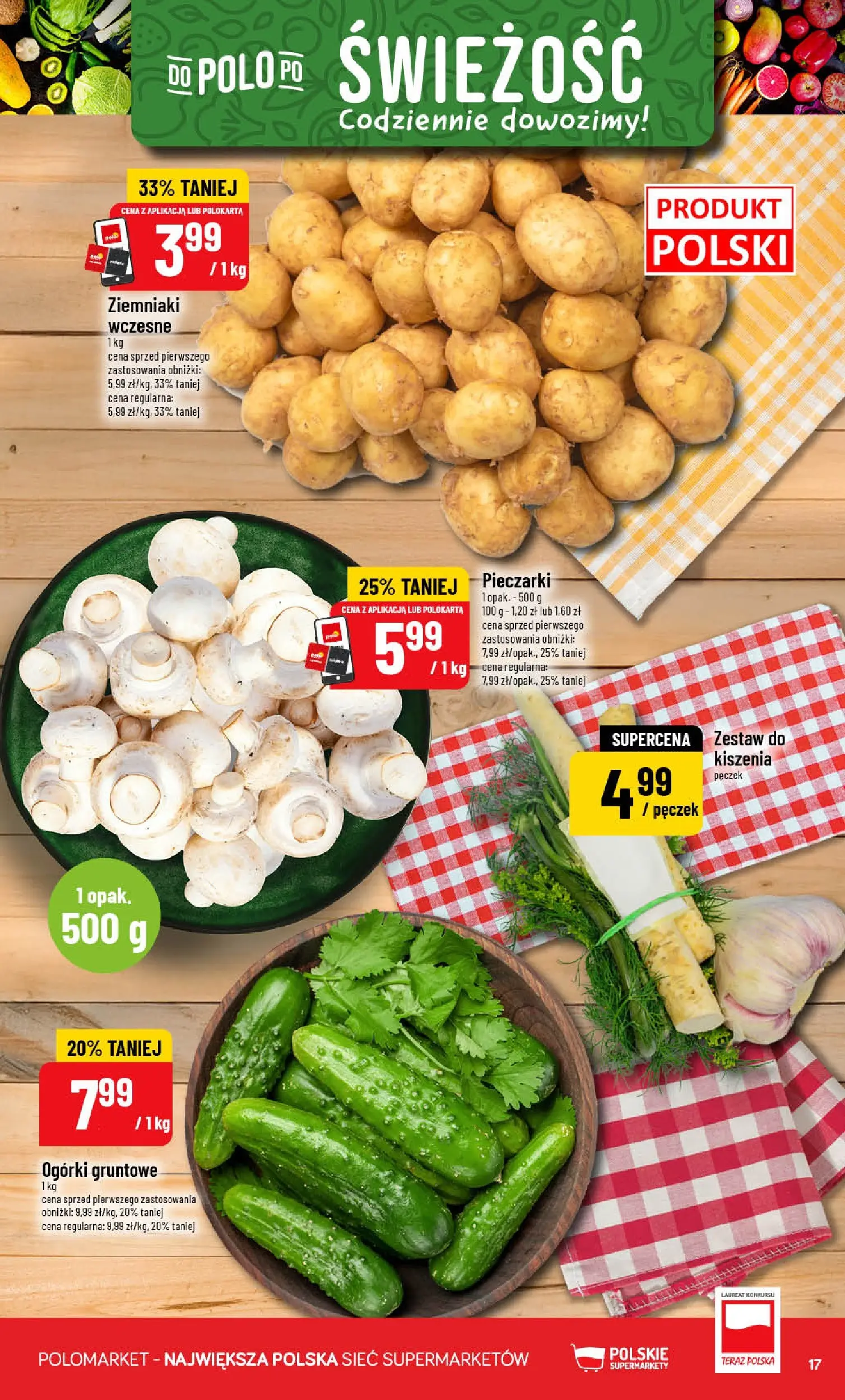 Nowa POLOmarket gazetka od jutra 27.05.2026 | Strona: 17 | Produkty: Pieczarki, Ogórki, Ogórki gruntowe, Ziemniaki