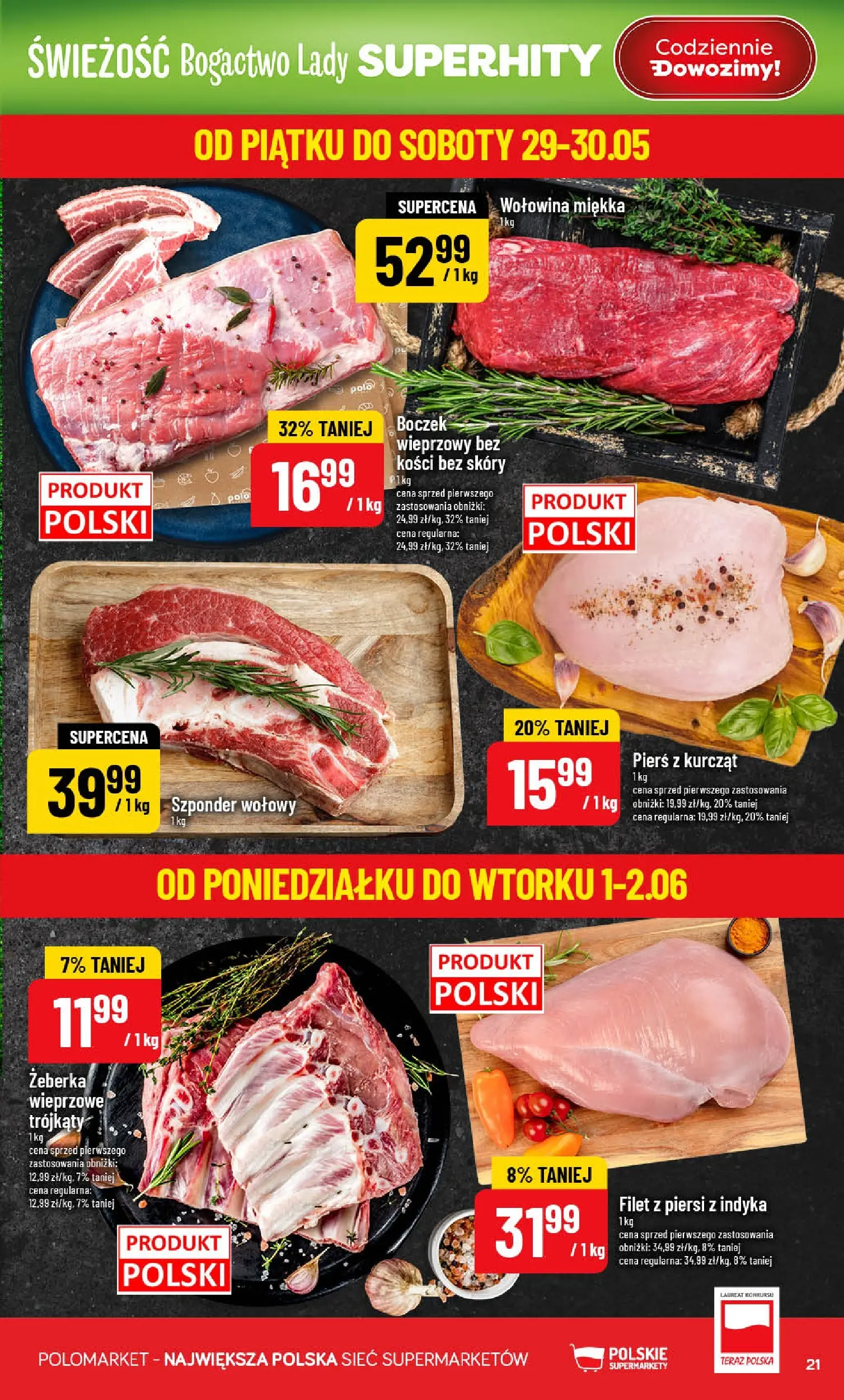 Nowa POLOmarket gazetka od jutra 27.05.2026 | Strona: 21 | Produkty: Piersi, Boczek wieprzowy, Boczek, Wołowina