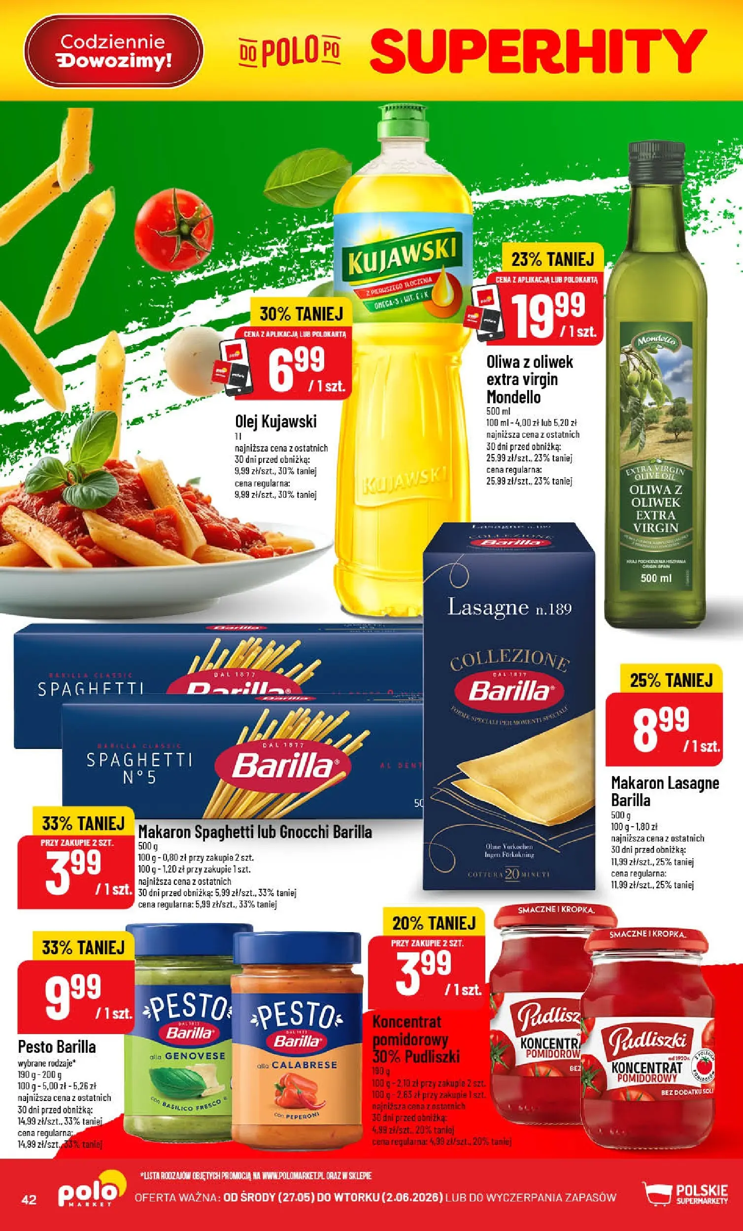 Nowa POLOmarket gazetka od jutra 27.05.2026 | Strona: 42 | Produkty: Oliwa z oliwek extra virgin, Makaron spaghetti, Olej kujawski, Fresco