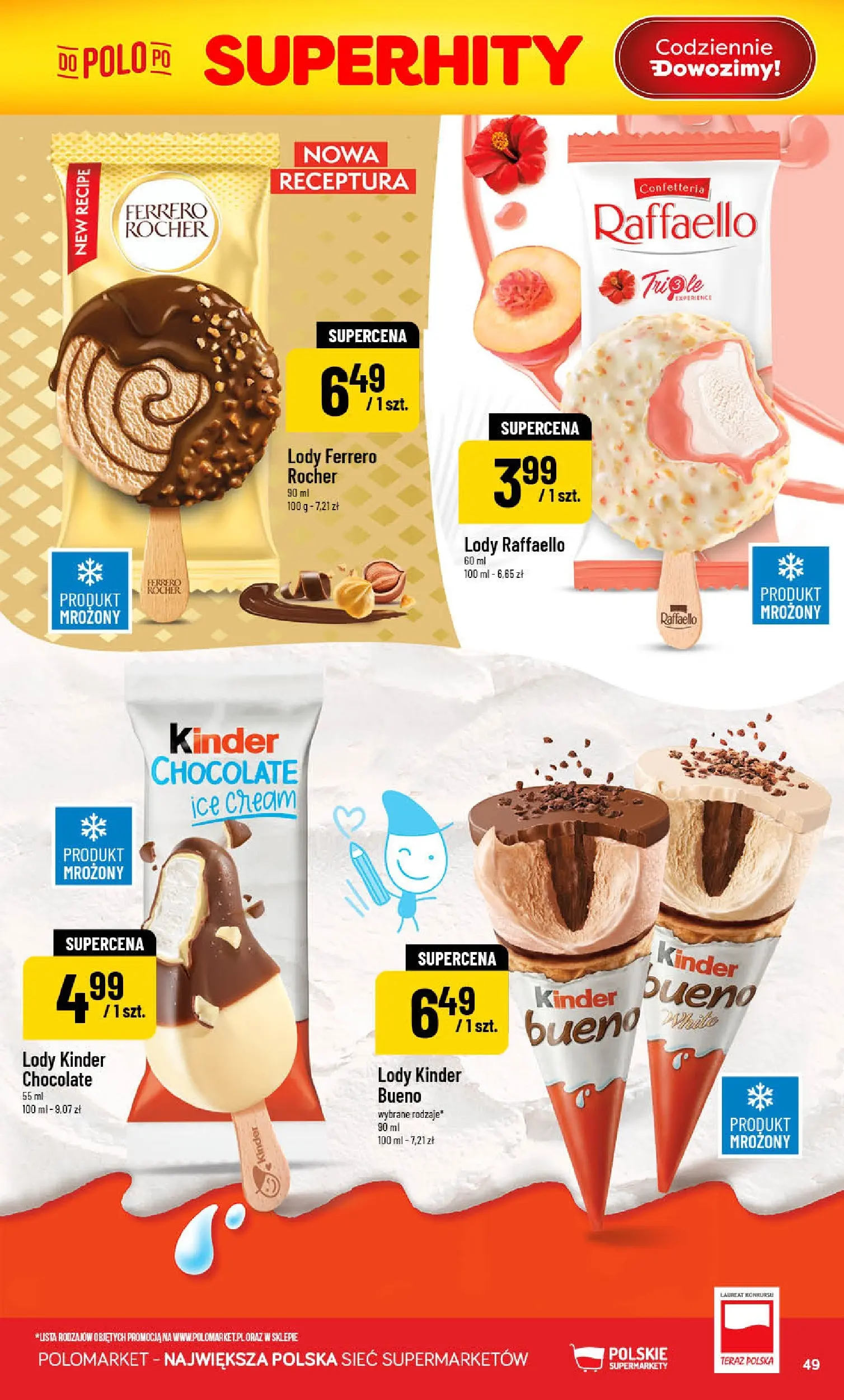 Nowa POLOmarket gazetka od jutra 27.05.2026 | Strona: 49 | Produkty: Kinder Bueno, Lody, Ferrero rocher