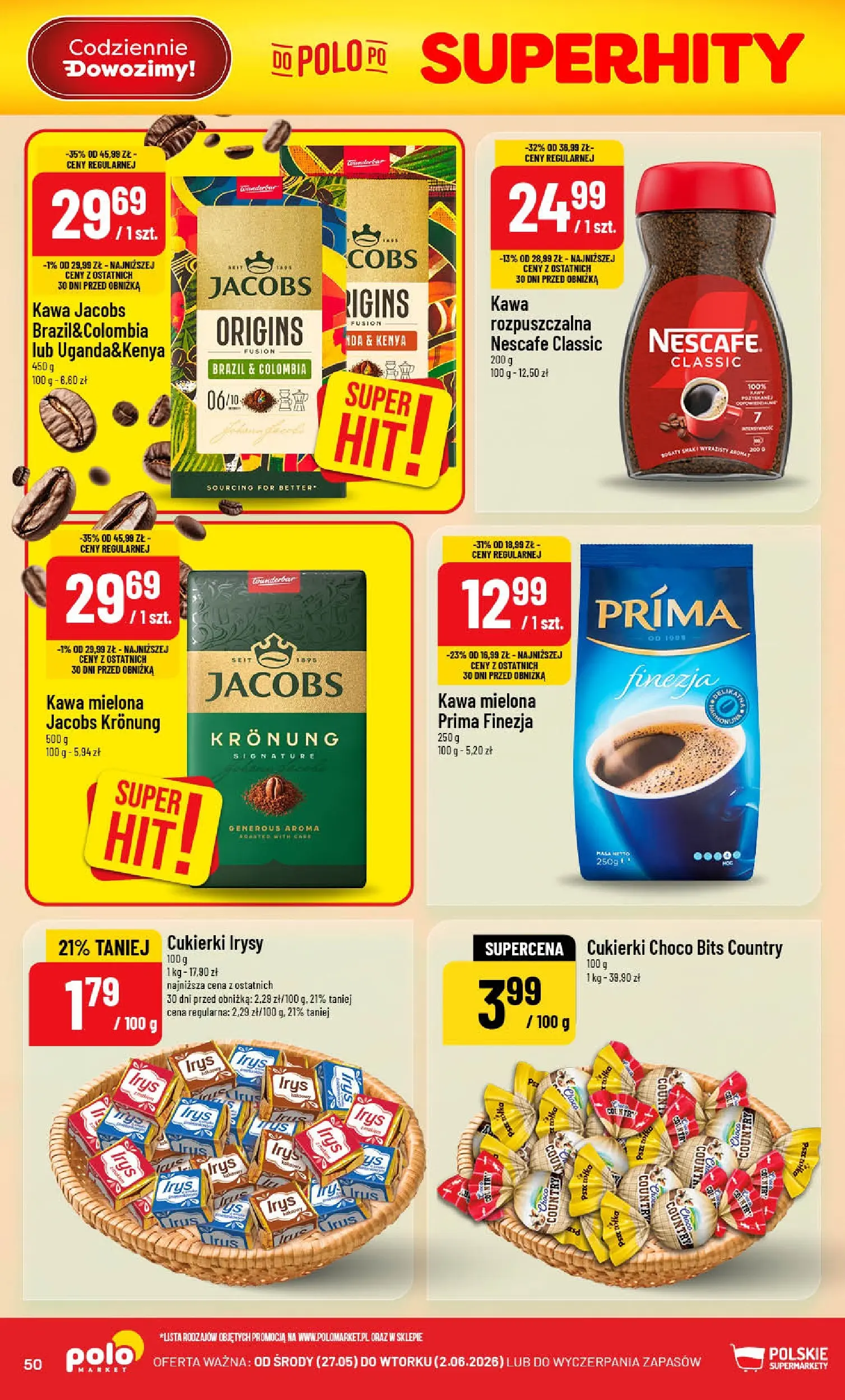 Nowa POLOmarket gazetka od jutra 27.05.2026 | Strona: 50 | Produkty: Irysy cukierki, Kawa jacobs, Nescafe, Kawa