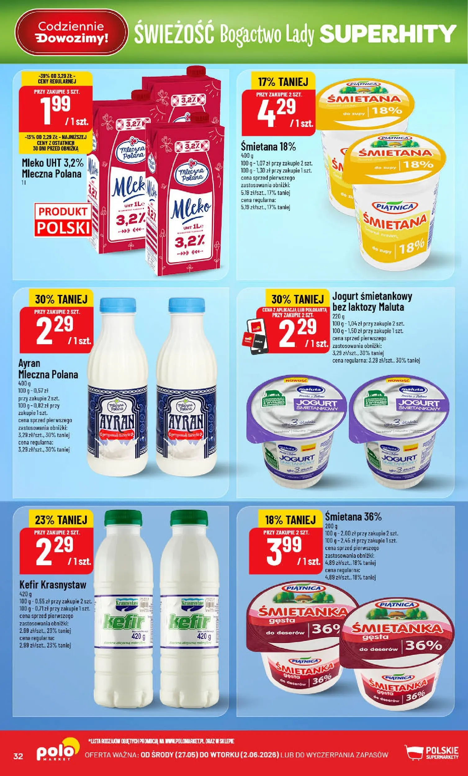 Nowa POLOmarket gazetka od jutra 27.05.2026 | Strona: 32 | Produkty: Jogurt śmietankowy, Bez laktozy, Kefir, Jogurt