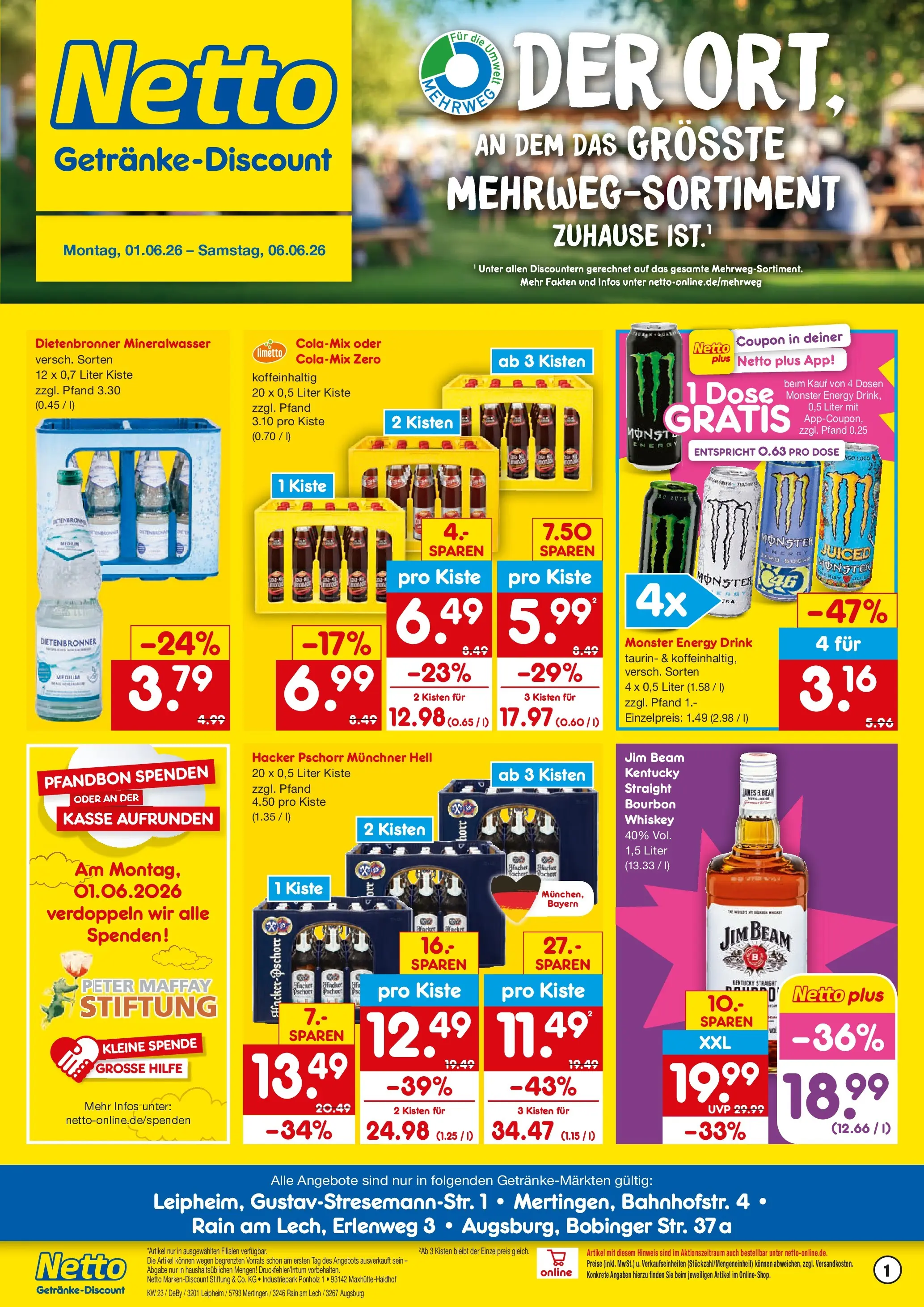 Netto Marken-Discount Prospekt Leipheim (ab 01.06.2026) » Angebote | Seite: 1 | Produkte: Mineralwasser, Monster, Bourbon, Whiskey