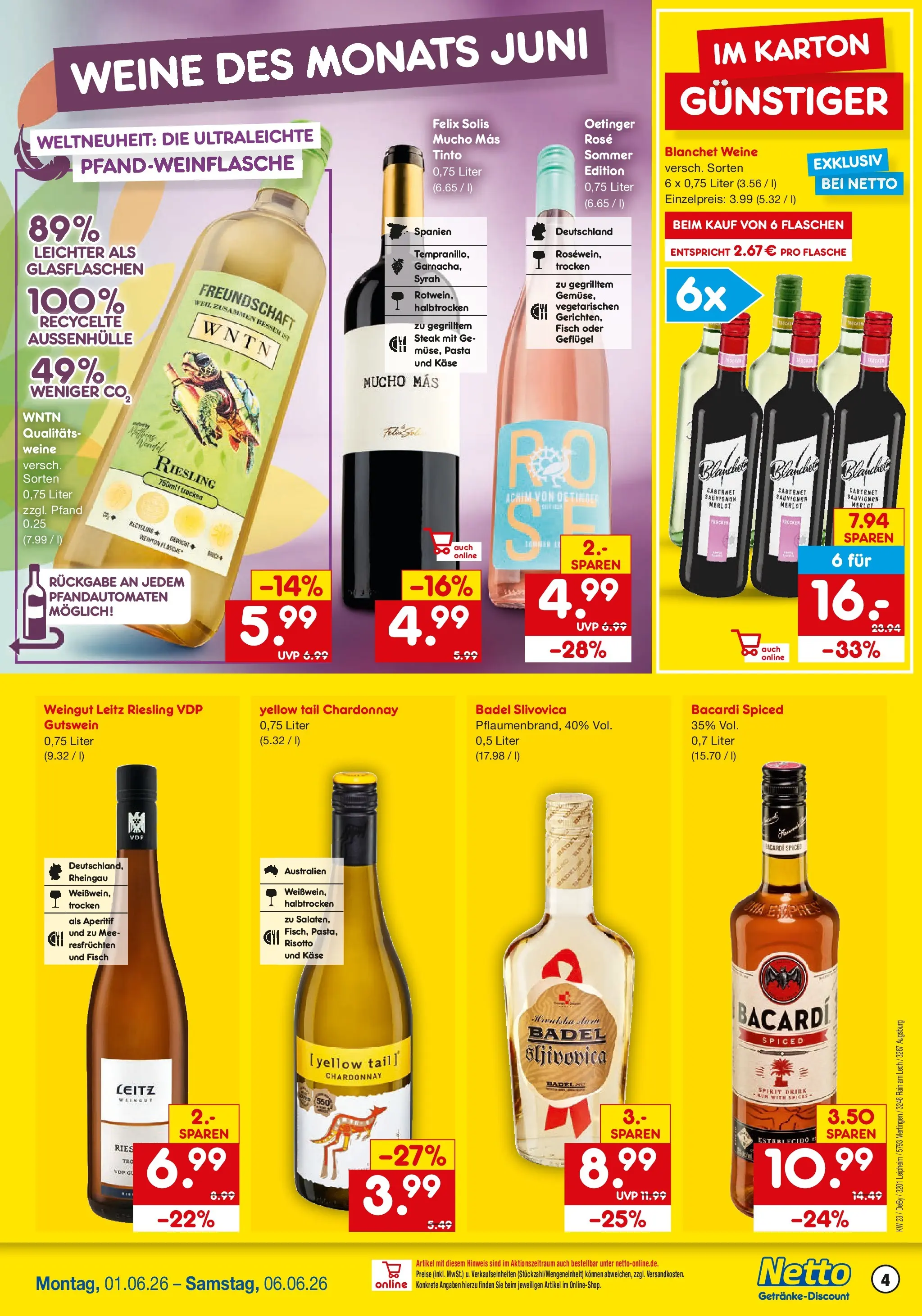 Netto Marken-Discount Prospekt Leipheim (ab 01.06.2026) » Angebote | Seite: 4 | Produkte: Bacardi, Fisch, Pasta, Steak
