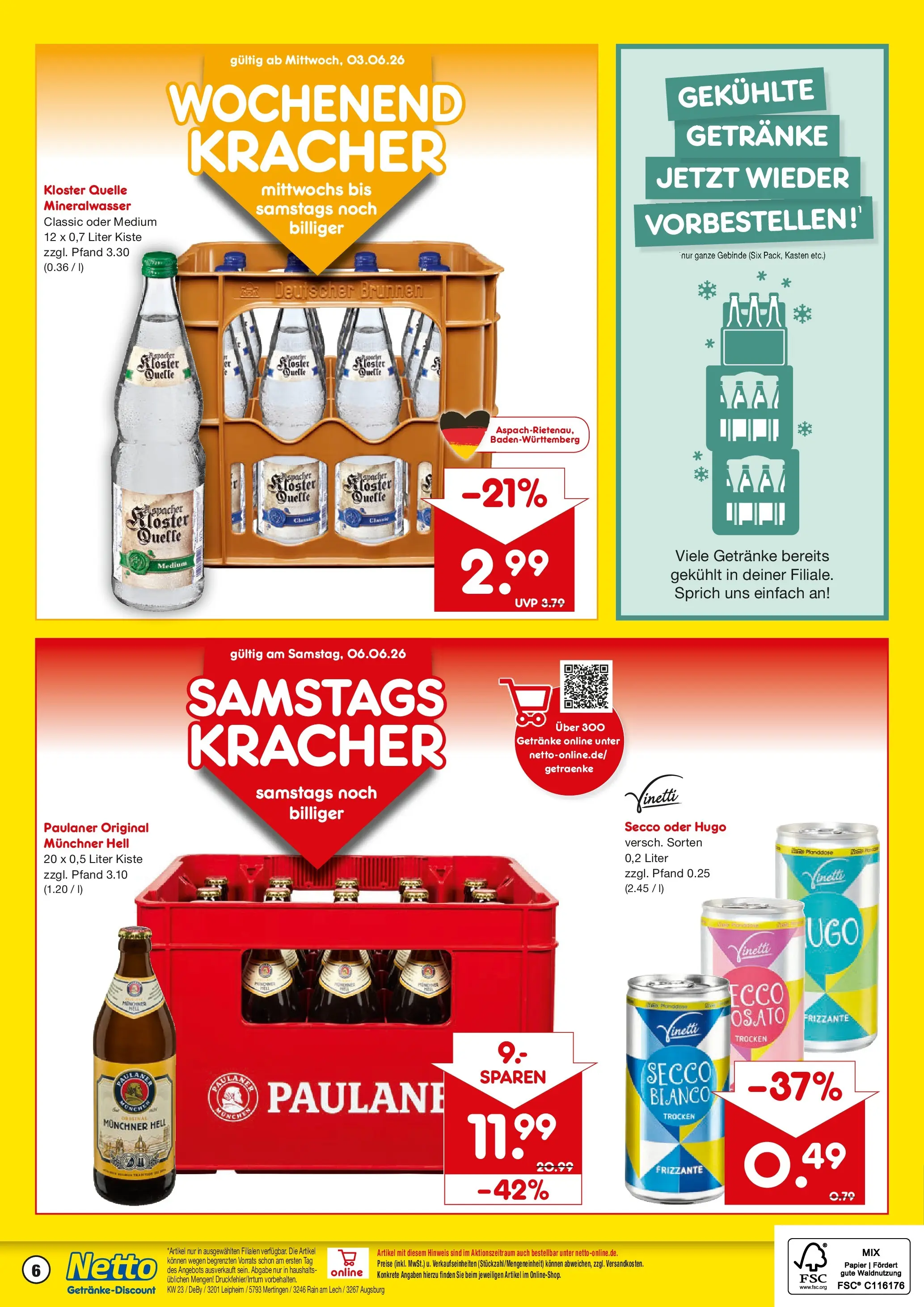 Netto Marken-Discount Prospekt Leipheim (ab 01.06.2026) » Angebote | Seite: 6 | Produkte: Mineralwasser, Hugo, Paulaner