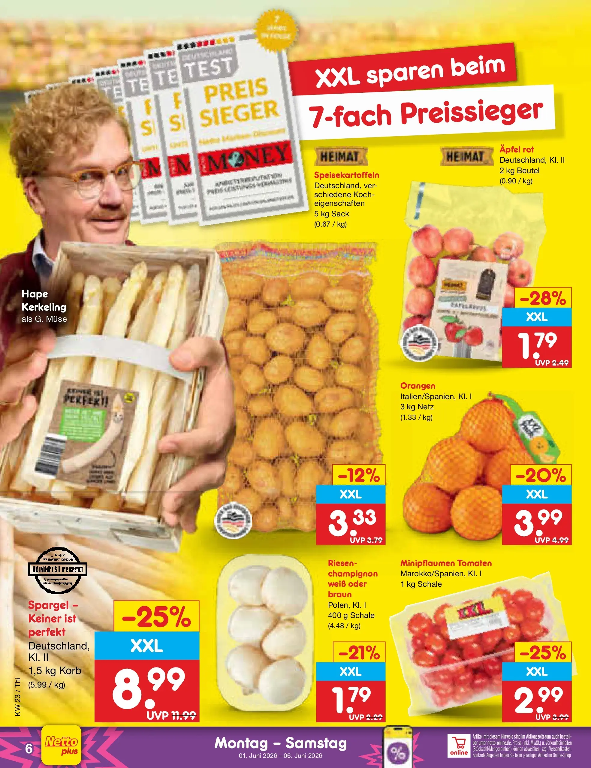 Netto Marken-Discount Prospekt Pirna (ab 01.06.2026) » Angebote | Seite: 6 | Produkte: Korb, Orangen, Tomaten, Spargel
