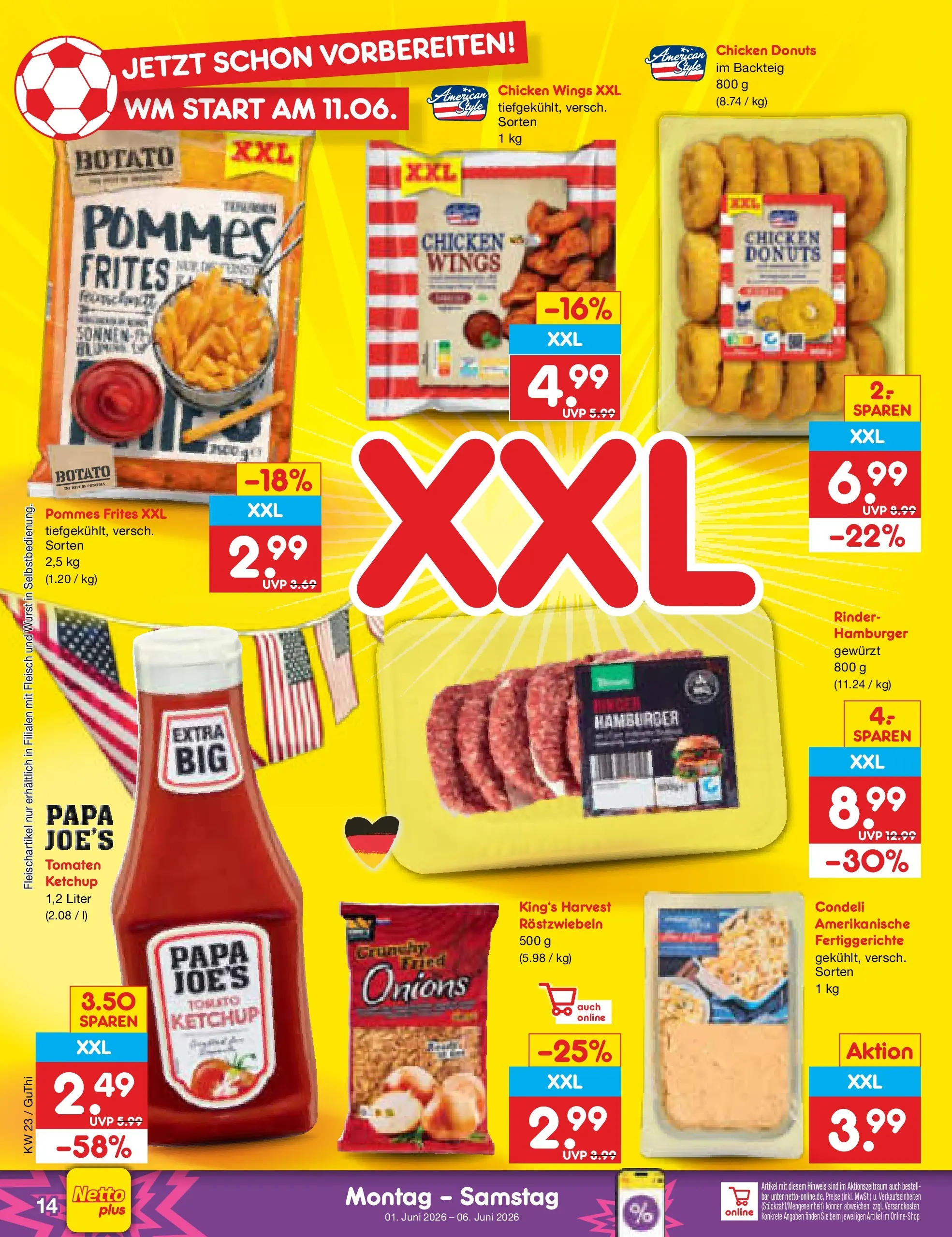 Netto Marken-Discount Prospekt Augustusburg (ab 01.06.2026) » Angebote | Seite: 16 | Produkte: Pommes frites, Donuts, Ketchup, Fleisch