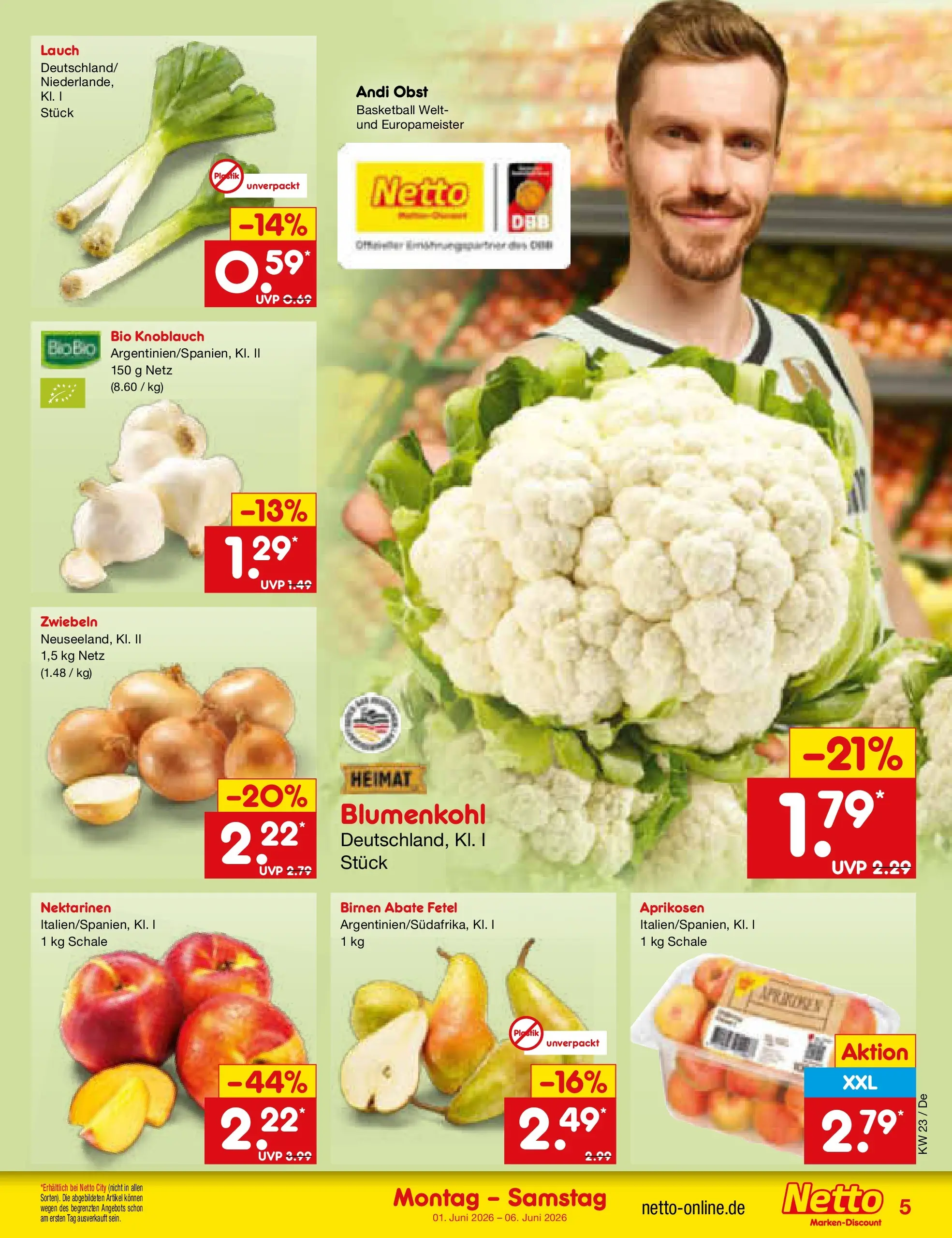 Netto Marken-Discount Prospekt Waiblingen-Bittenfeld (ab 01.06.2026) » Angebote | Seite: 5 | Produkte: Obst, Basketball, Knoblauch, Blumenkohl