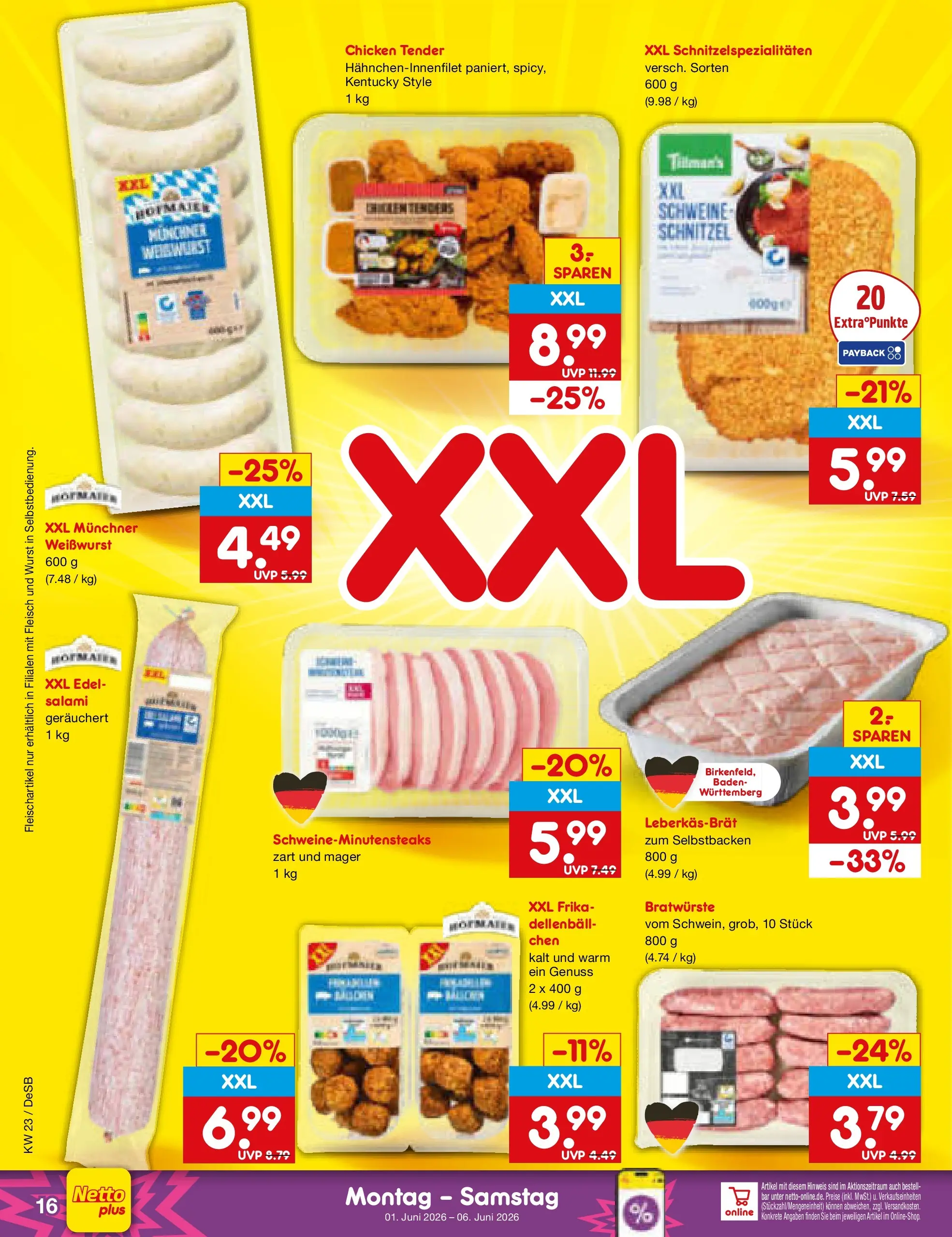 Netto Marken-Discount Prospekt Waiblingen-Bittenfeld (ab 01.06.2026) » Angebote | Seite: 18 | Produkte: Weißwurst, Schnitzel, Salami, Fleisch