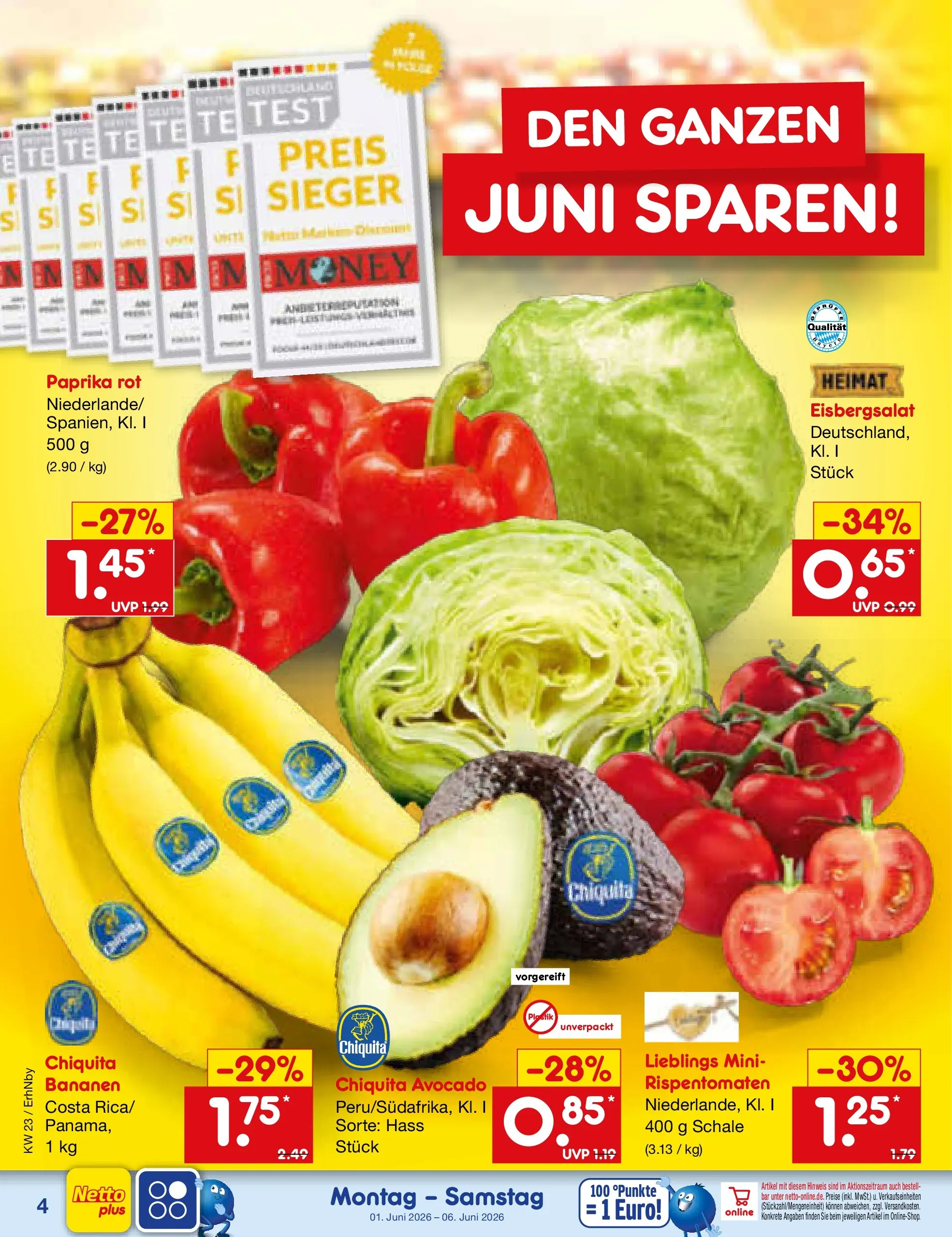 Netto Marken-Discount Prospekt Metten (ab 01.06.2026) » Angebote | Seite: 4 | Produkte: Bananen, Eisbergsalat, Avocado, Paprika