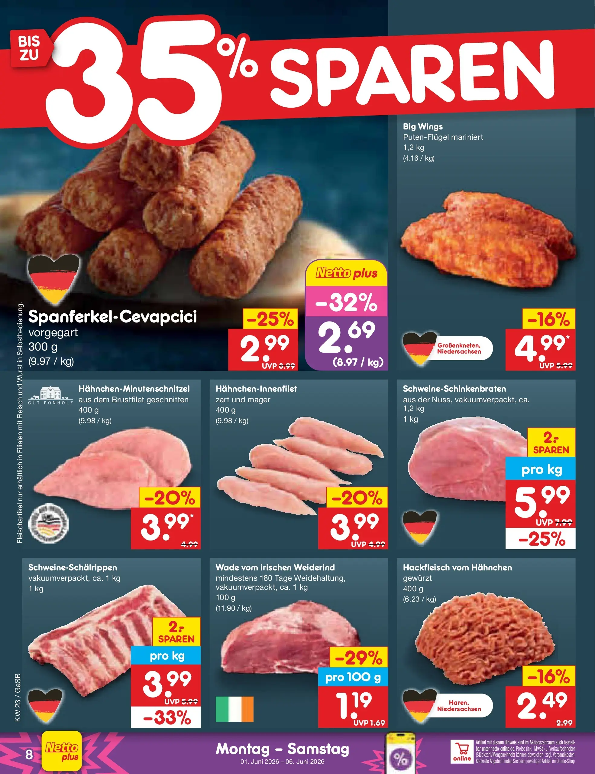 Netto Marken-Discount Prospekt Bremen-Lesum (ab 01.06.2026) » Angebote | Seite: 8 | Produkte: Hahnchen, Wurst, Fleisch, Hackfleisch