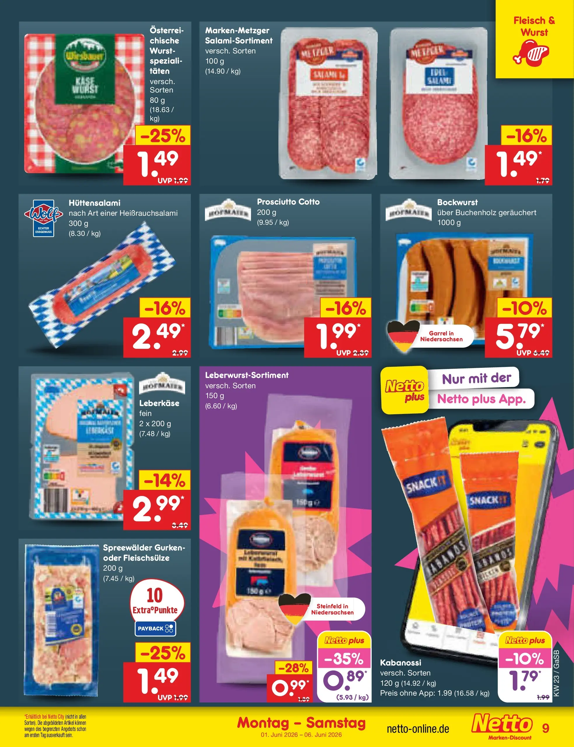 Netto Marken-Discount Prospekt Bremen-Lesum (ab 01.06.2026) » Angebote | Seite: 9 | Produkte: Bockwurst, Käse, Fleisch, Leberkase