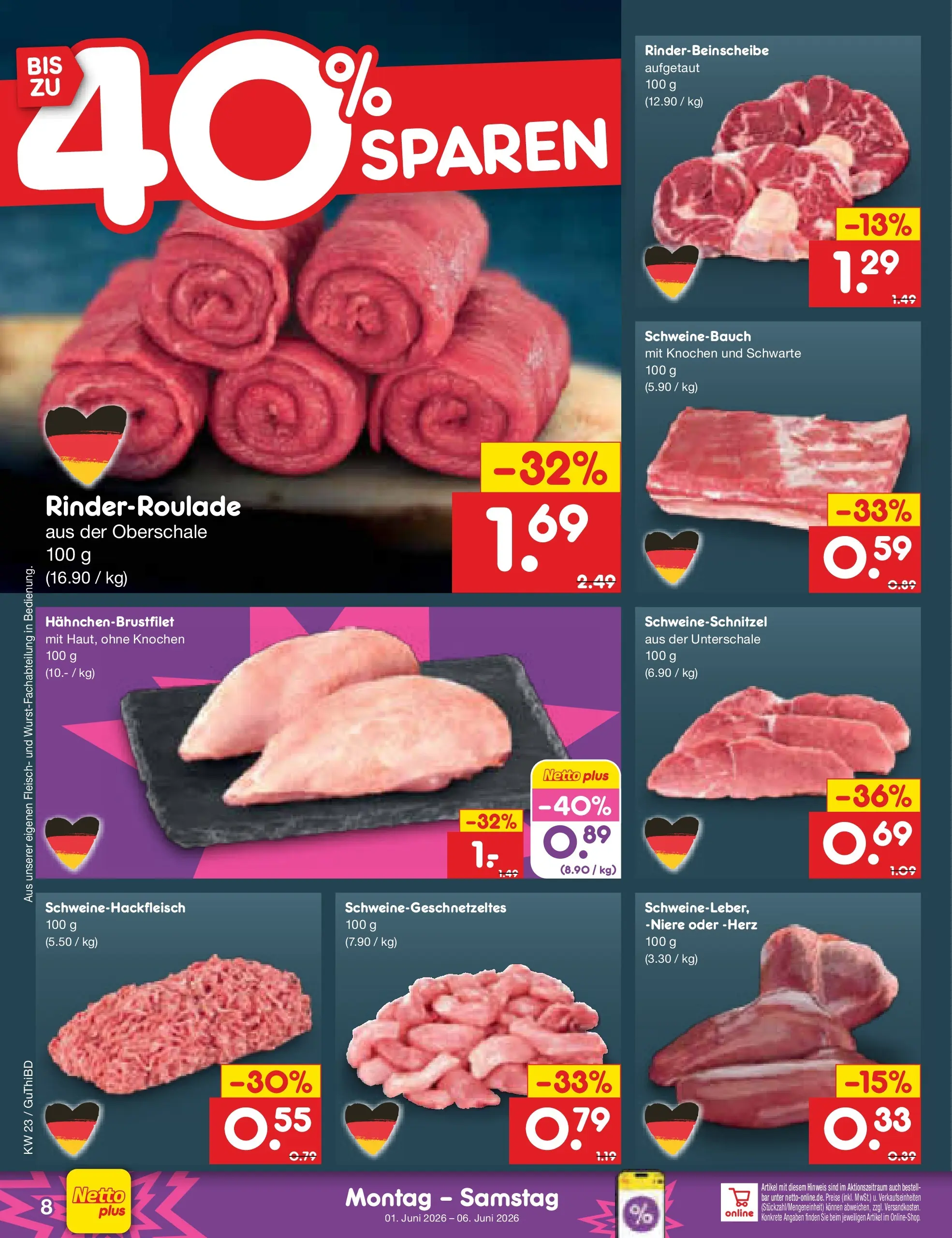 Netto Marken-Discount Prospekt Augustusburg (ab 01.06.2026) » Angebote | Seite: 8 | Produkte: Schweinebauch, Fleisch