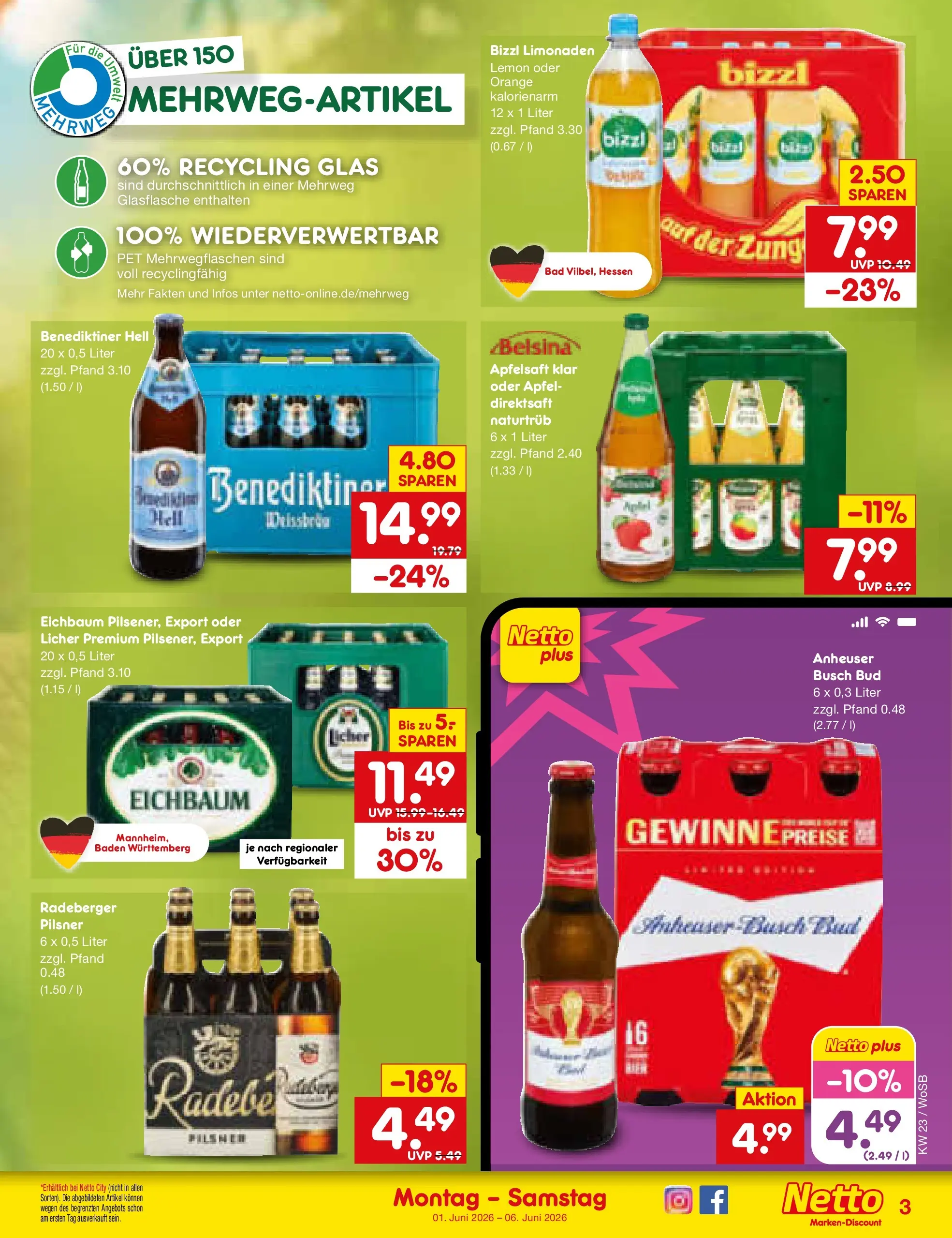 Netto Marken-Discount Prospekt Mannheim (ab 01.06.2026) » Angebote | Seite: 31 | Produkte: Bad, Apfelsaft, Benediktiner hell, Radeberger pilsner Netto Marken-Discount Prospekt Mannheim (ab 01.06.2026) » Angebote | Seite: 31 | Produkte: Bad, Apfelsaft, Benediktiner hell, Radeberger pilsner