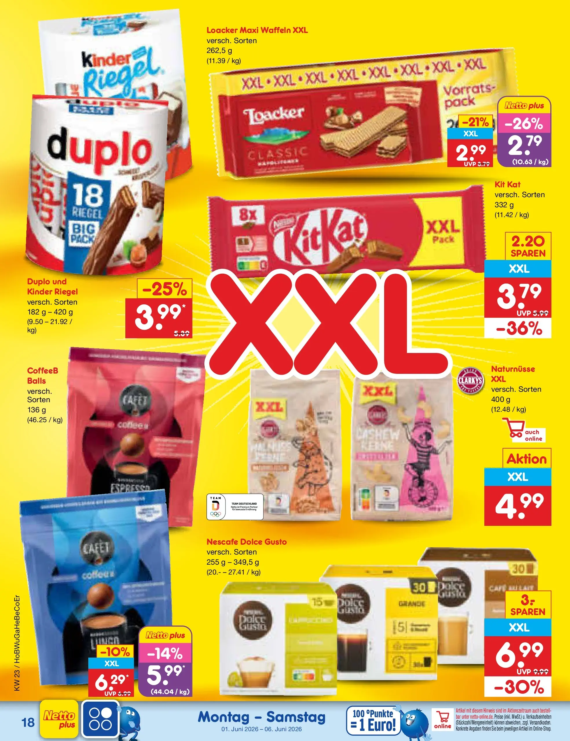 Netto Marken-Discount Prospekt Kremmen (ab 01.06.2026) » Angebote | Seite: 20 | Produkte: Nescafe, Kinder riegel, Waffeln, Dolce gusto Netto Marken-Discount Prospekt Kremmen (ab 01.06.2026) » Angebote | Seite: 20 | Produkte: Nescafe, Kinder riegel, Waffeln, Dolce gusto