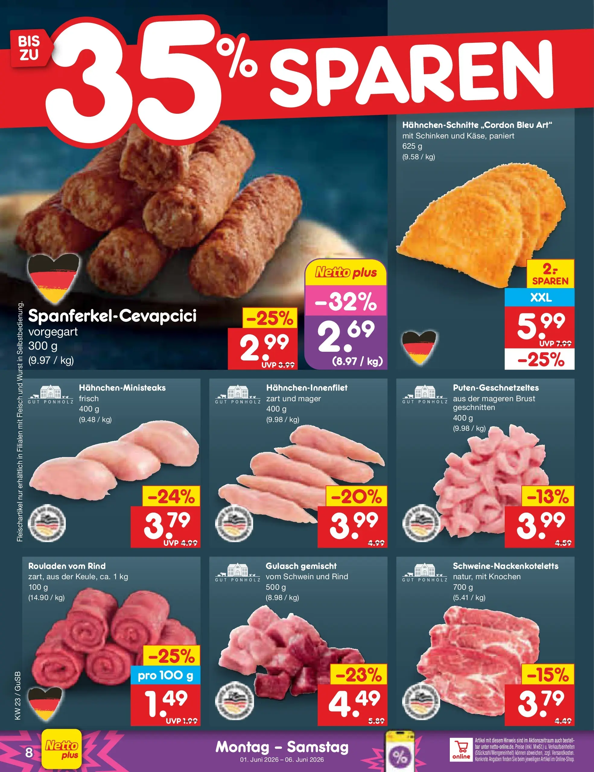 Netto Marken-Discount Prospekt Machern (ab 01.06.2026) » Angebote | Seite: 8 | Produkte: Gulasch, Wurst, Schinken, Fleisch