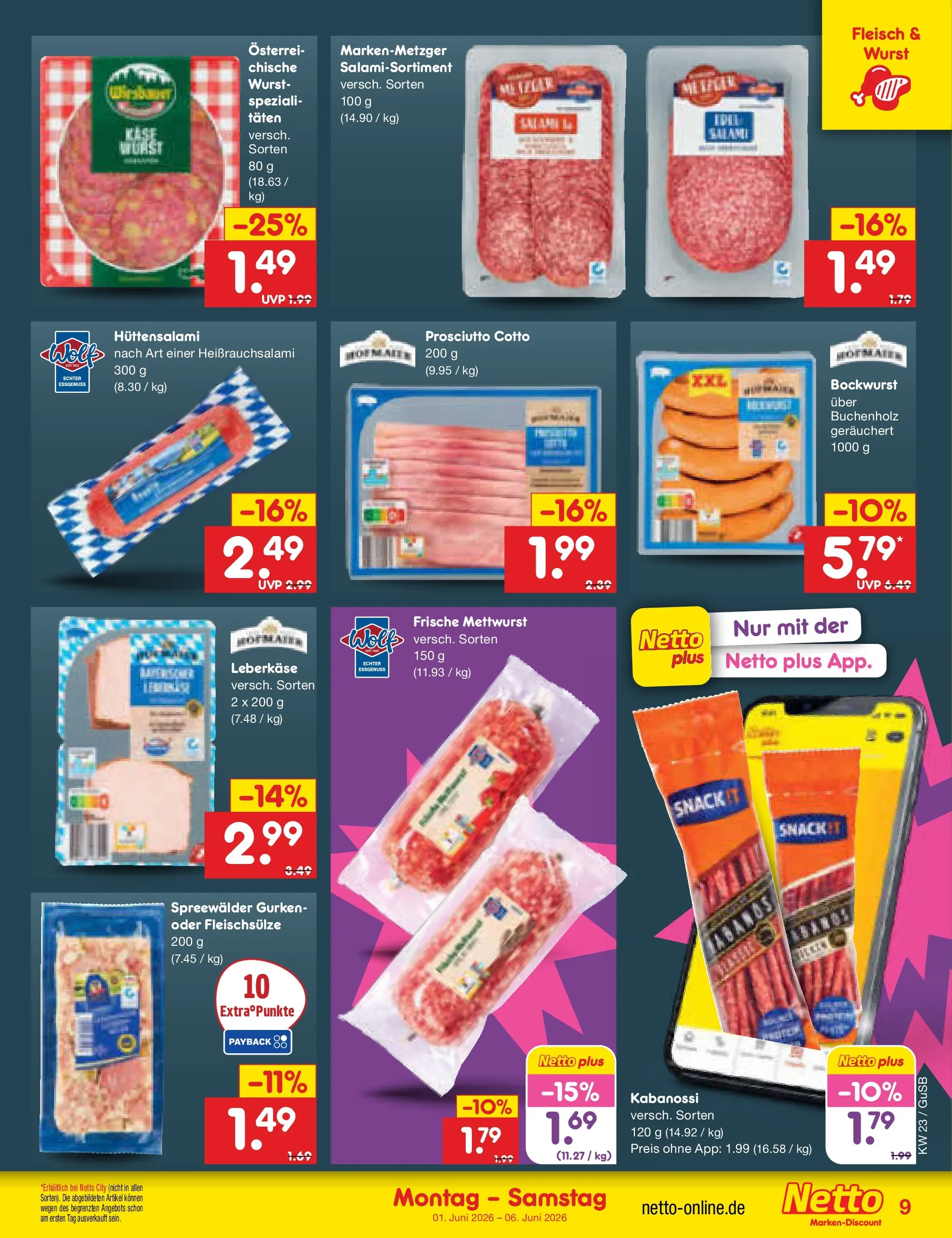 Netto Marken-Discount Prospekt Machern (ab 01.06.2026) » Angebote | Seite: 9 | Produkte: Wurst, Fleisch, Gurken, Leberkase