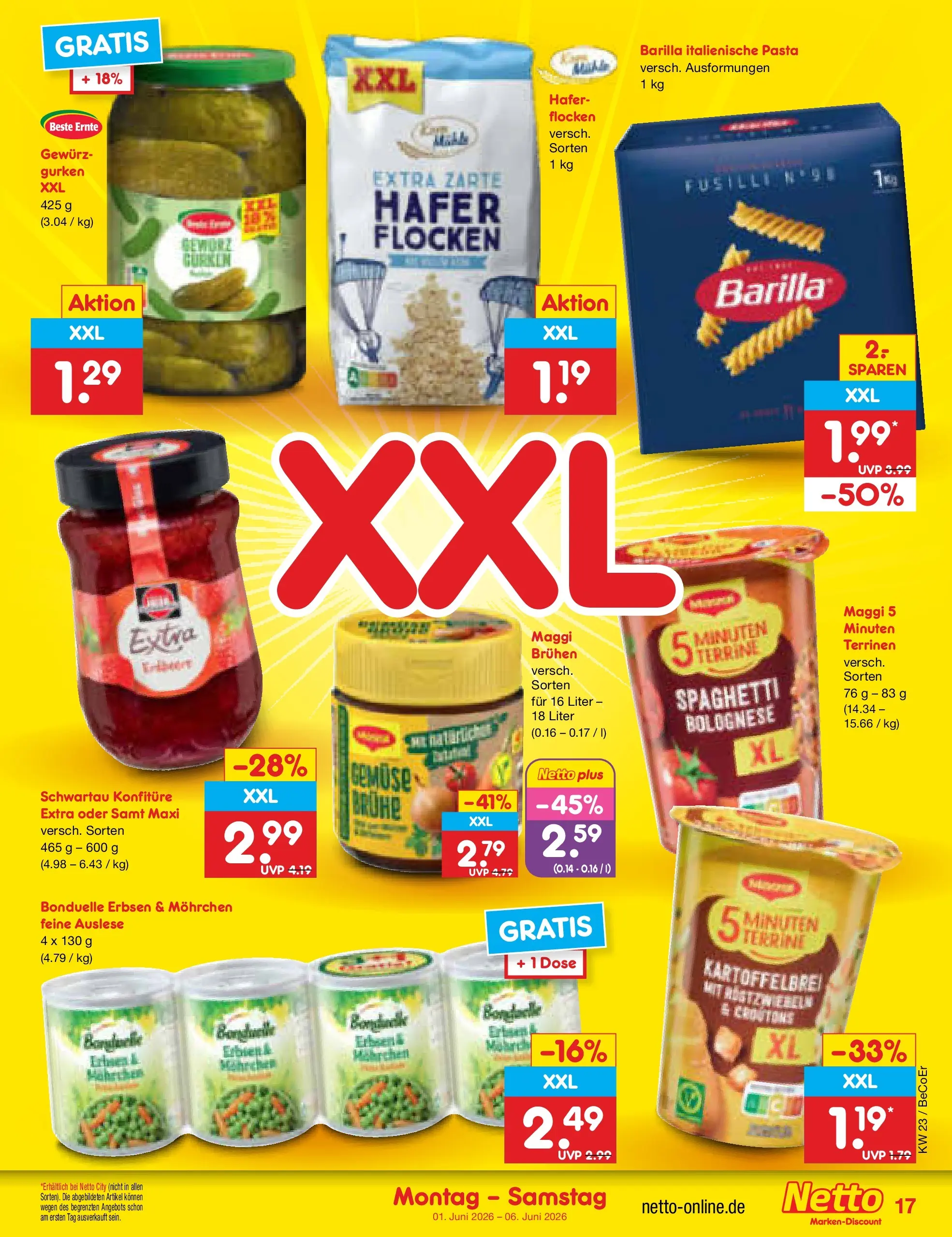 Netto Marken-Discount Prospekt Kremmen (ab 01.06.2026) » Angebote | Seite: 19 | Produkte: Barilla, Gemüse, Flocken, Erbsen Netto Marken-Discount Prospekt Kremmen (ab 01.06.2026) » Angebote | Seite: 19 | Produkte: Barilla, Gemüse, Flocken, Erbsen