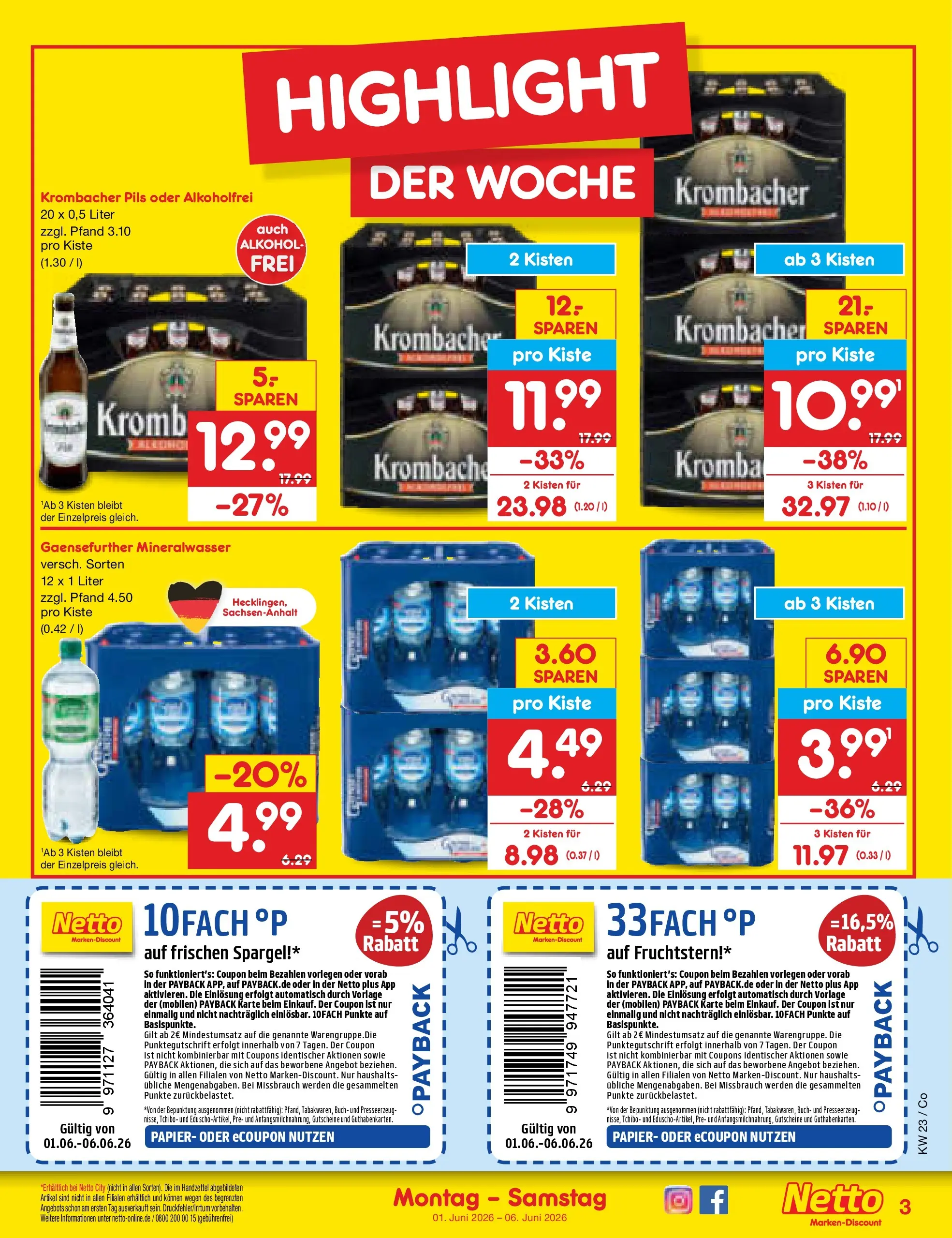 Netto Marken-Discount Prospekt Bitterfeld-Wolfen (ab 01.06.2026) » Angebote | Seite: 3 | Produkte: Pils, Spargel, Mineralwasser, Krombacher