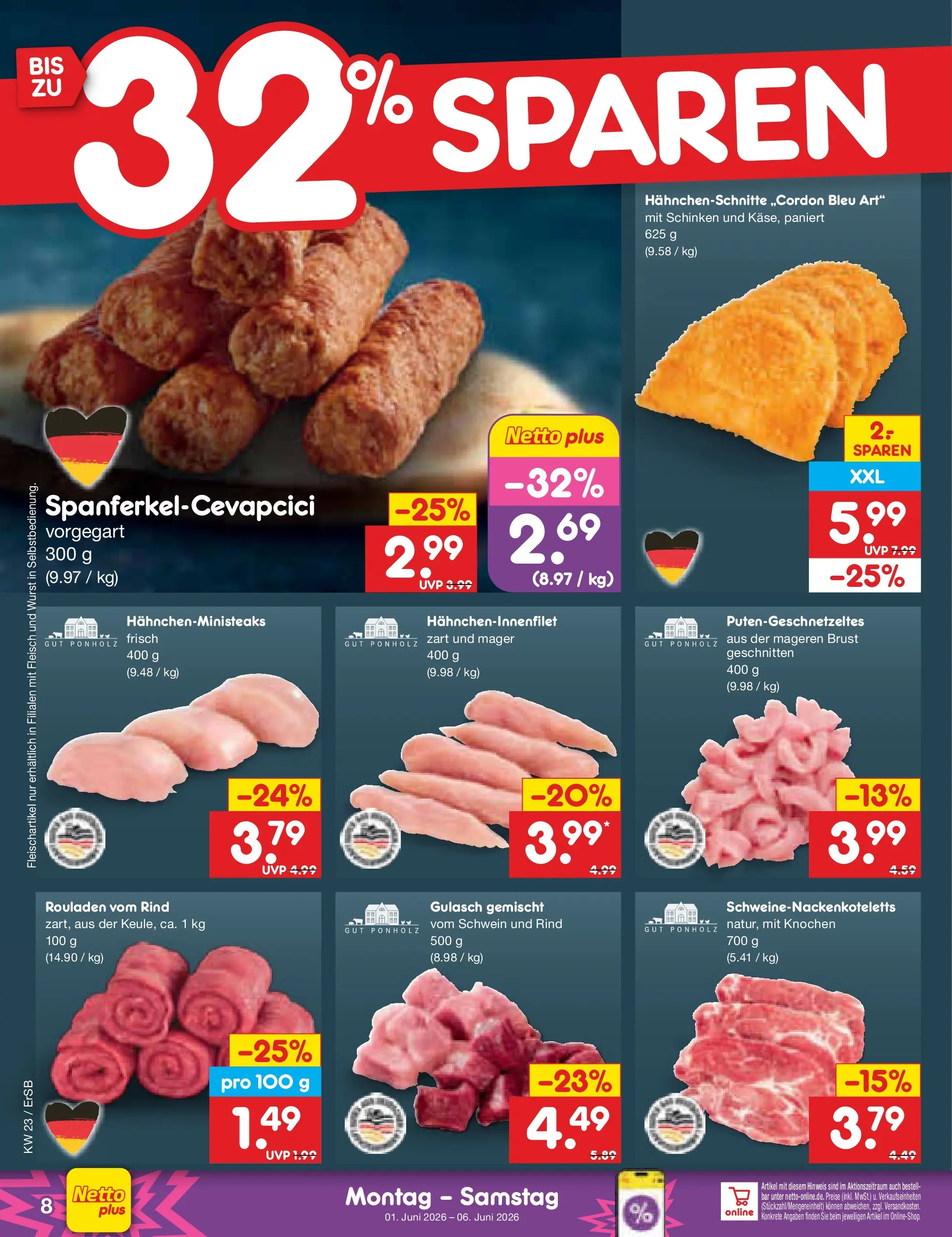 Netto Marken-Discount Prospekt Nordhausen (ab 01.06.2026) » Angebote | Seite: 8 | Produkte: Gulasch, Wurst, Schinken, Fleisch