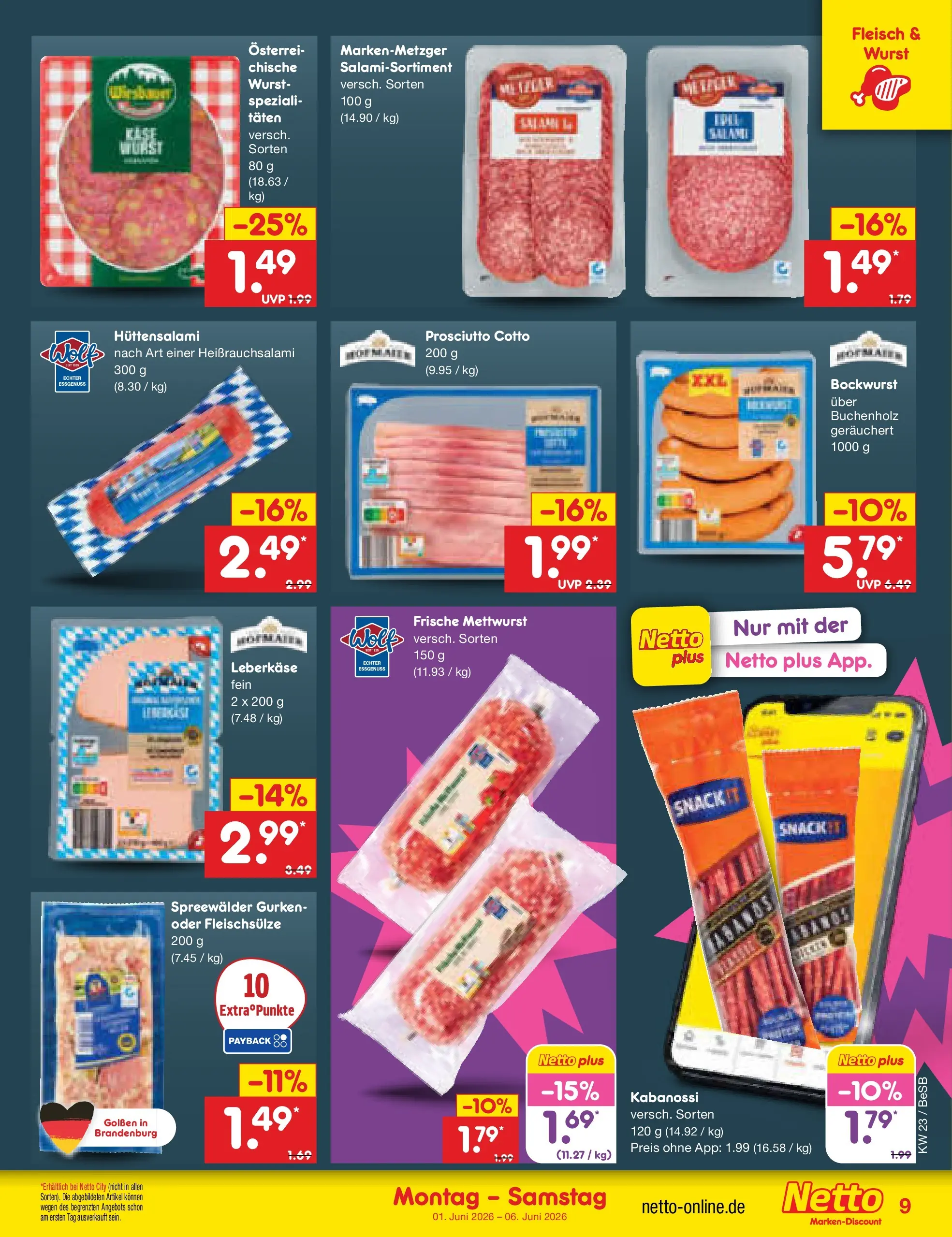 Netto Marken-Discount Prospekt Kremmen (ab 01.06.2026) » Angebote | Seite: 9 | Produkte: Bockwurst, Fleisch, Gurken, Leberkase Netto Marken-Discount Prospekt Kremmen (ab 01.06.2026) » Angebote | Seite: 9 | Produkte: Bockwurst, Fleisch, Gurken, Leberkase