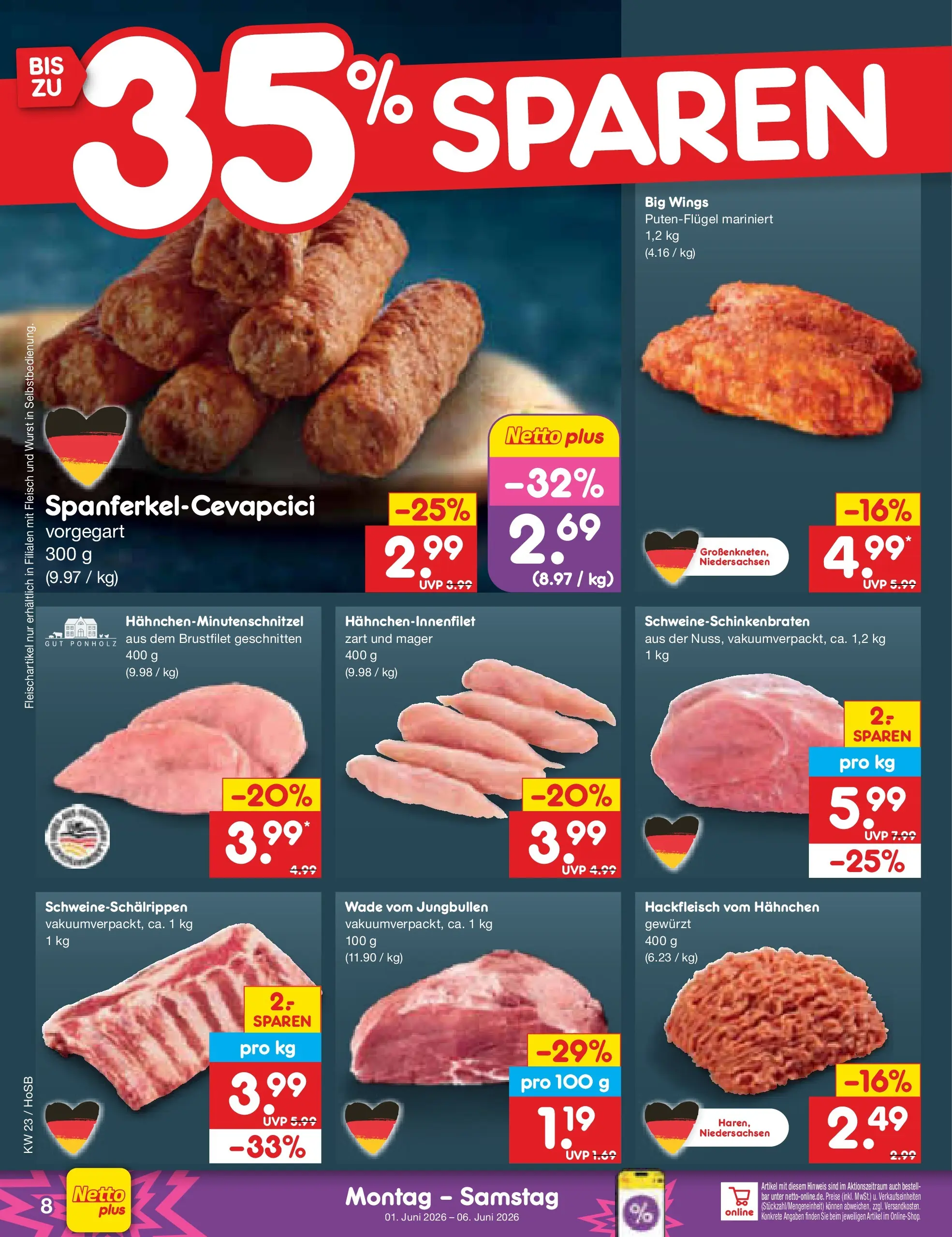 Netto Marken-Discount Prospekt Hannover (ab 01.06.2026) » Angebote | Seite: 8 | Produkte: Hahnchen, Wurst, Fleisch, Hackfleisch Netto Marken-Discount Prospekt Hannover (ab 01.06.2026) » Angebote | Seite: 8 | Produkte: Hahnchen, Wurst, Fleisch, Hackfleisch