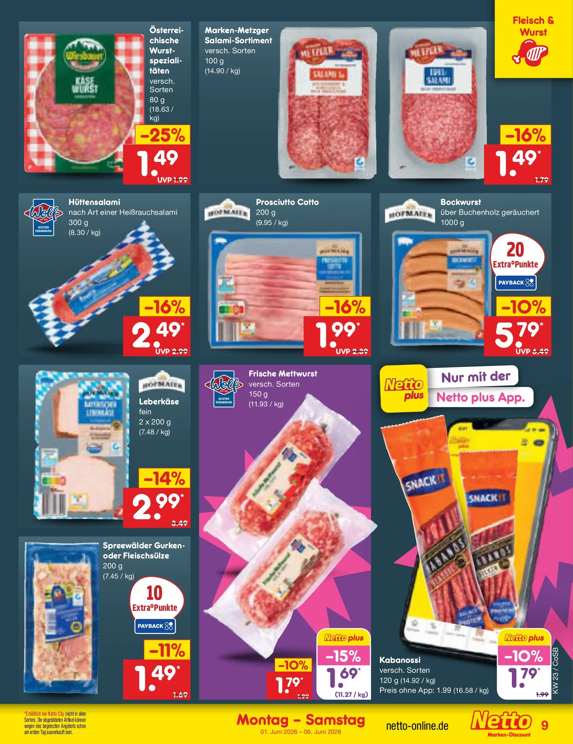 Netto Marken-Discount Prospekt Bitterfeld-Wolfen (ab 01.06.2026) » Angebote | Seite: 9 | Produkte: Bockwurst, Wurst, Fleisch, Leberkase