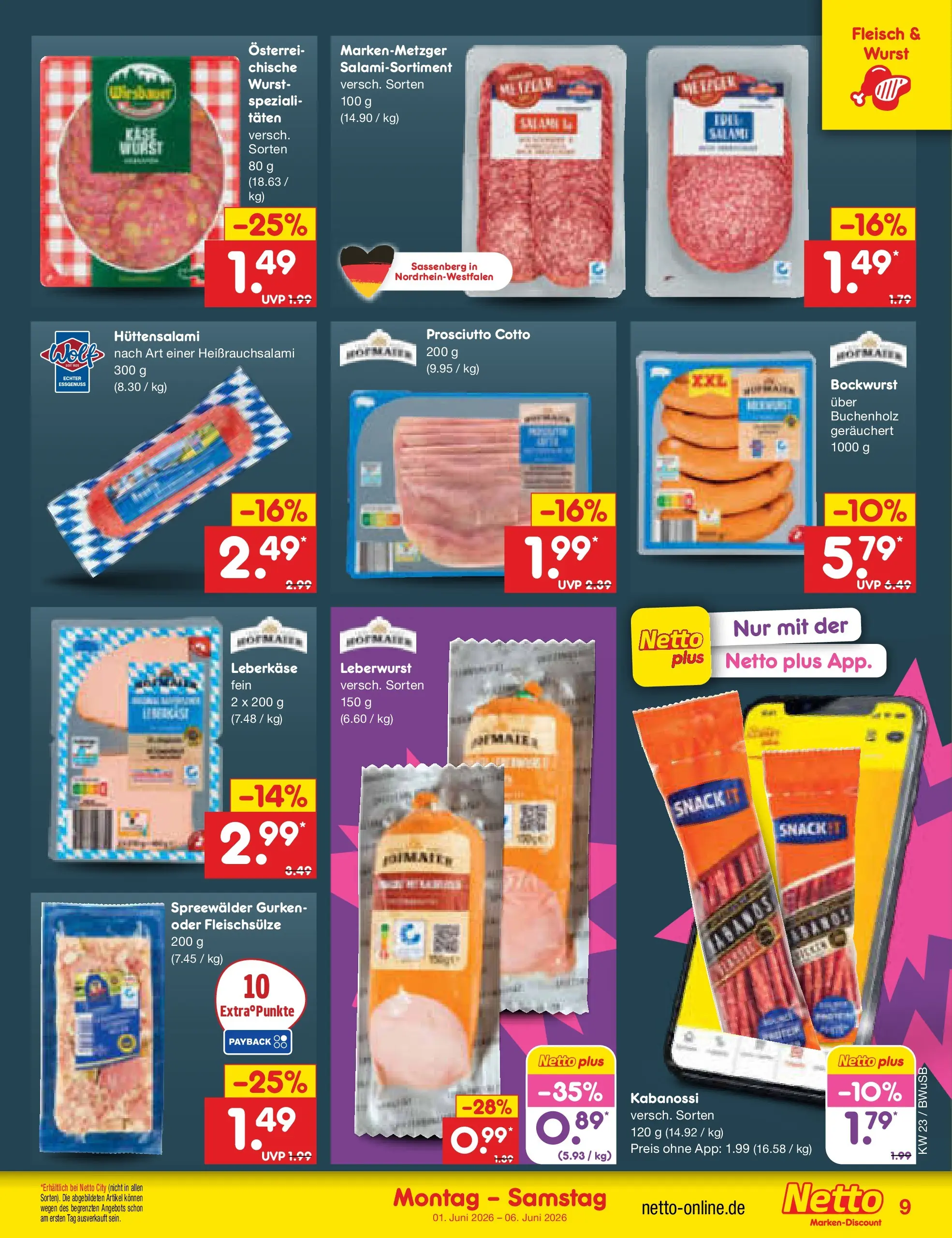 Netto Marken-Discount Prospekt Stemwede-Dielingen (ab 01.06.2026) » Angebote | Seite: 9 | Produkte: Wurst, Fleisch, Gurken, Leberkase Netto Marken-Discount Prospekt Stemwede-Dielingen (ab 01.06.2026) » Angebote | Seite: 9 | Produkte: Wurst, Fleisch, Gurken, Leberkase