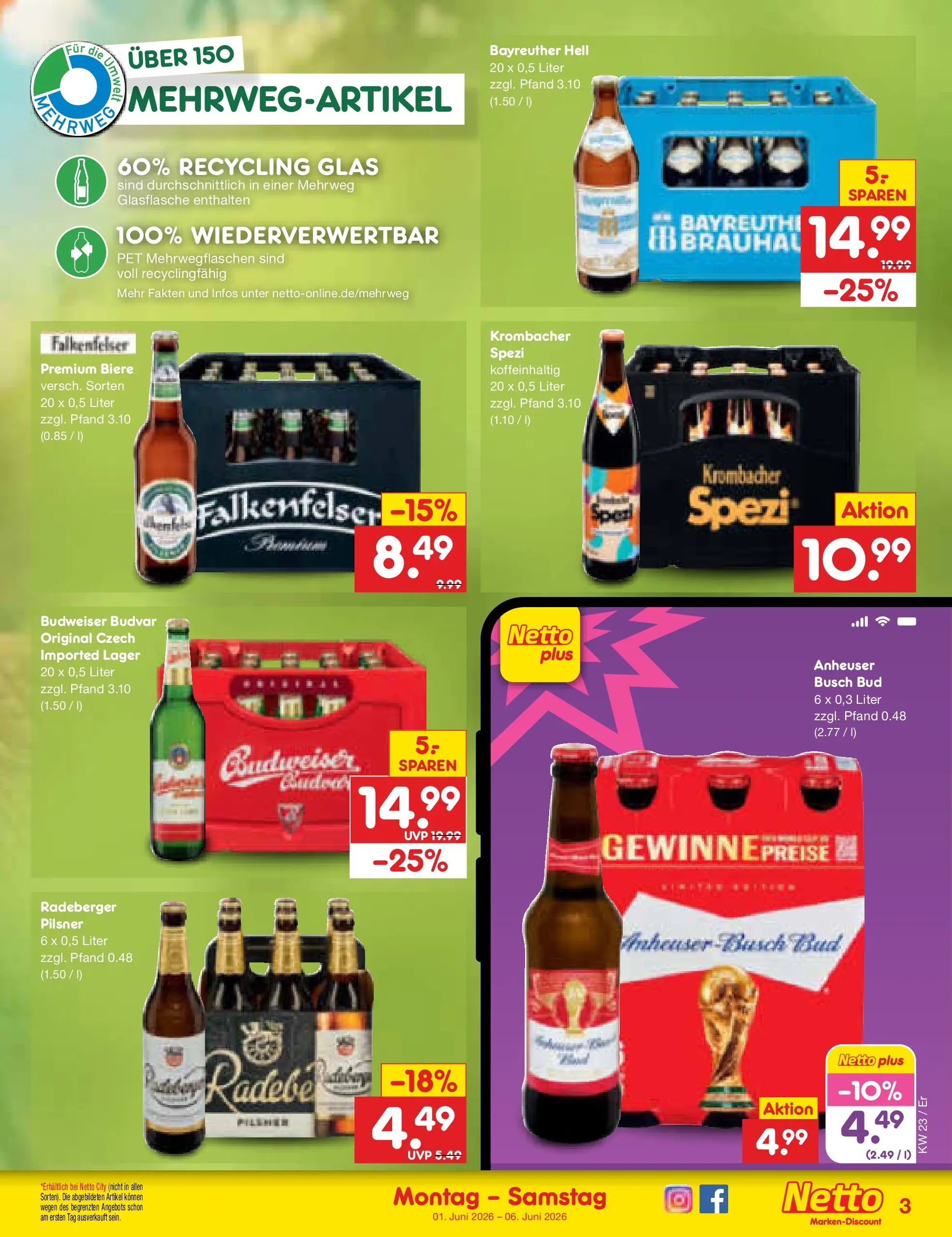 Netto Marken-Discount Prospekt Nordhausen (ab 01.06.2026) » Angebote | Seite: 31 | Produkte: Bayreuther hell, Krombacher, Budweiser, Radeberger pilsner