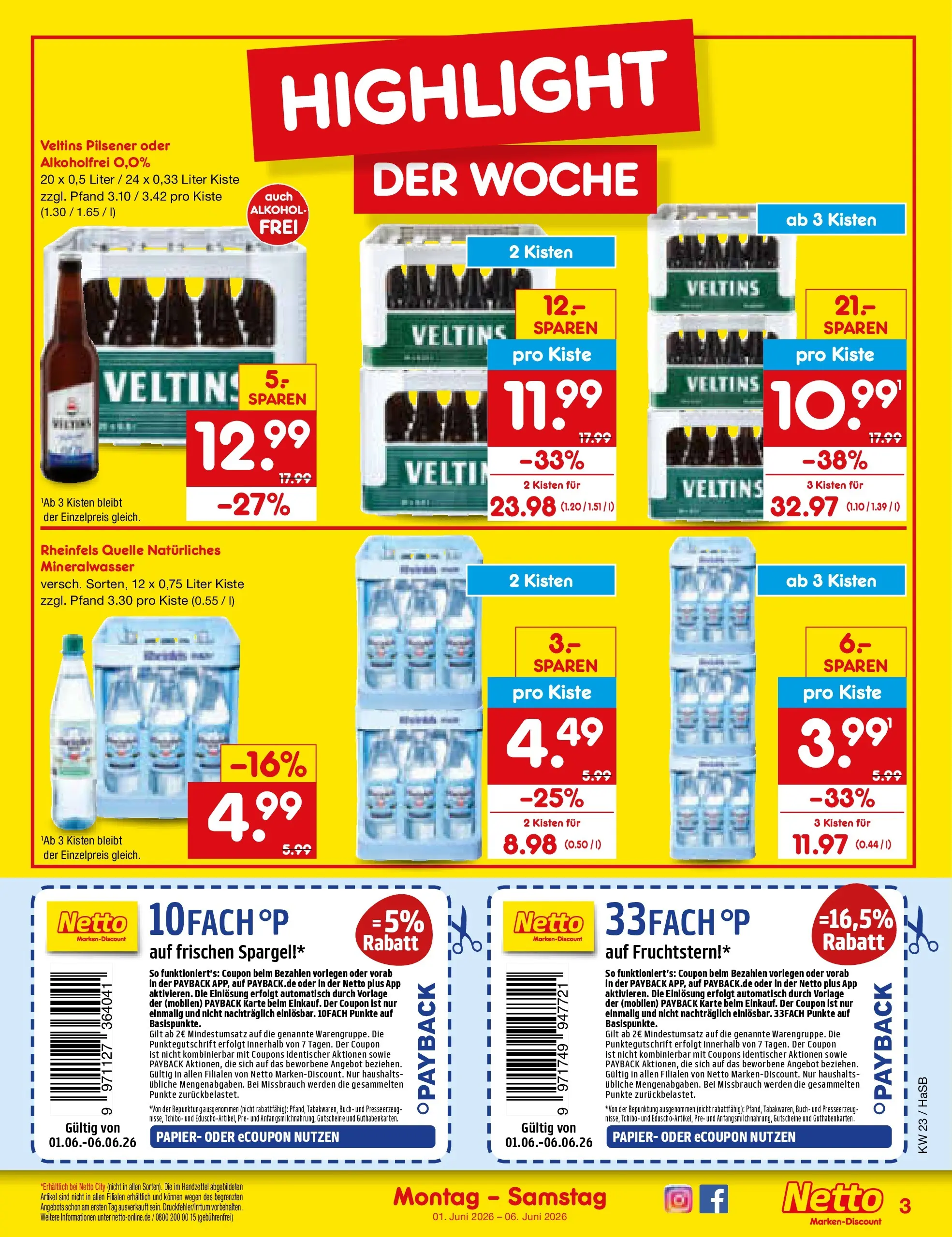 Netto Marken-Discount Prospekt Wuppertal (ab 01.06.2026) » Angebote | Seite: 3 | Produkte: Spargel, Mineralwasser, Veltins, Rheinfels quelle Netto Marken-Discount Prospekt Wuppertal (ab 01.06.2026) » Angebote | Seite: 3 | Produkte: Spargel, Mineralwasser, Veltins, Rheinfels quelle
