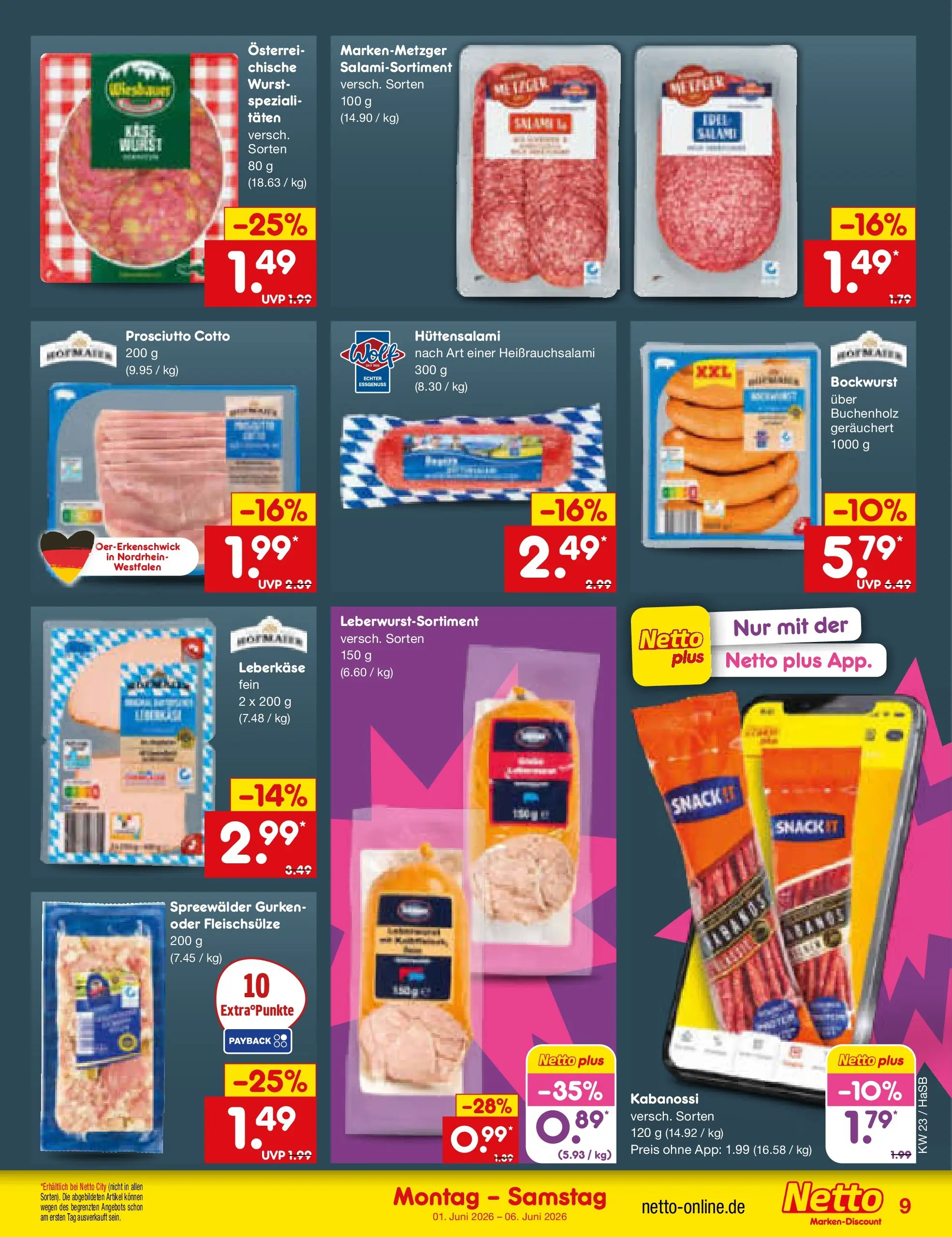 Netto Marken-Discount Prospekt Wuppertal (ab 01.06.2026) » Angebote | Seite: 9 | Produkte: Wurst, Salami, Gurken, Leberkase Netto Marken-Discount Prospekt Wuppertal (ab 01.06.2026) » Angebote | Seite: 9 | Produkte: Wurst, Salami, Gurken, Leberkase