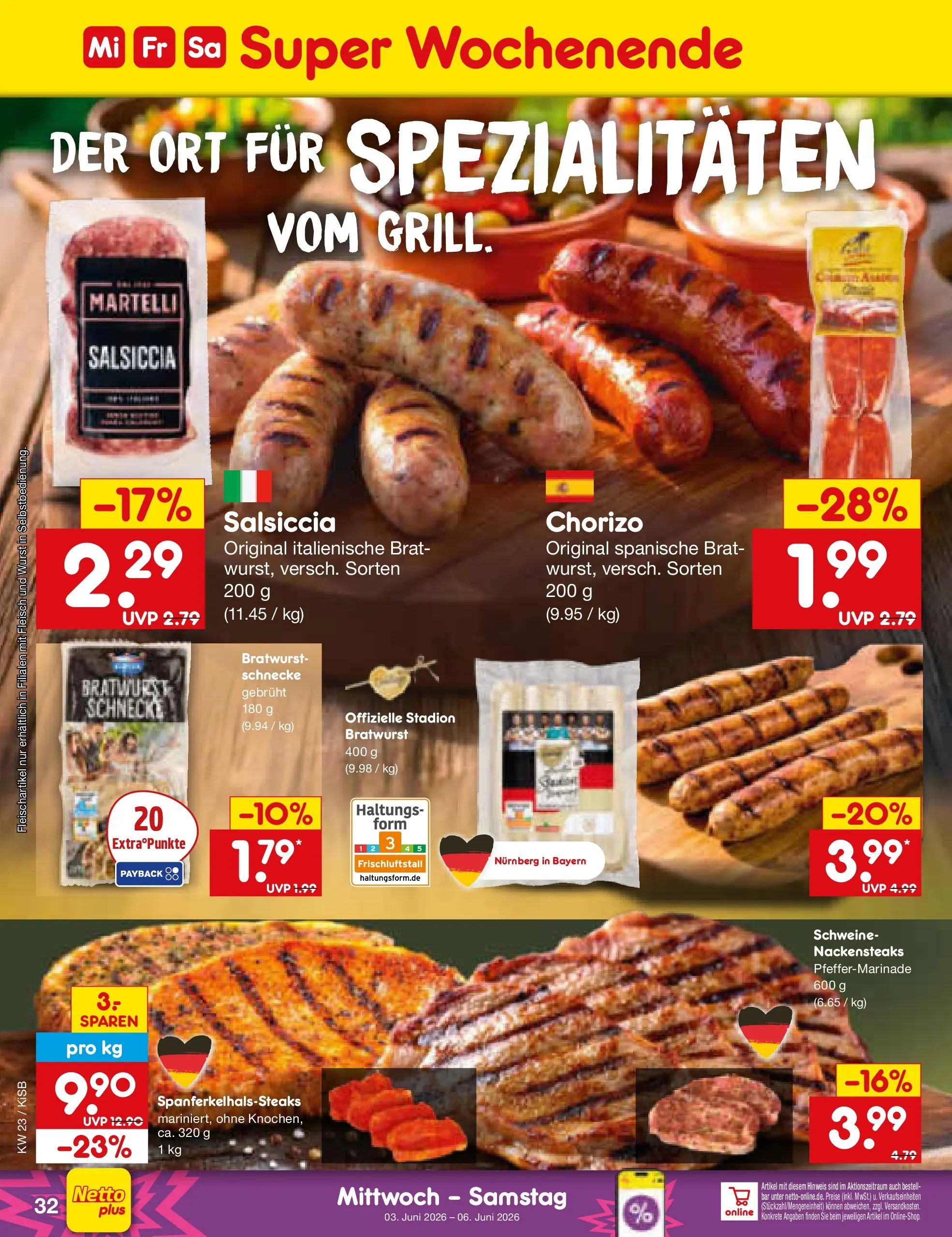 Netto Marken-Discount Prospekt Bad Friedrichshall (ab 01.06.2026) » Angebote | Seite: 46 | Produkte: Nackensteaks, Bratwurst, Wurst, Fleisch Netto Marken-Discount Prospekt Bad Friedrichshall (ab 01.06.2026) » Angebote | Seite: 46 | Produkte: Nackensteaks, Bratwurst, Wurst, Fleisch