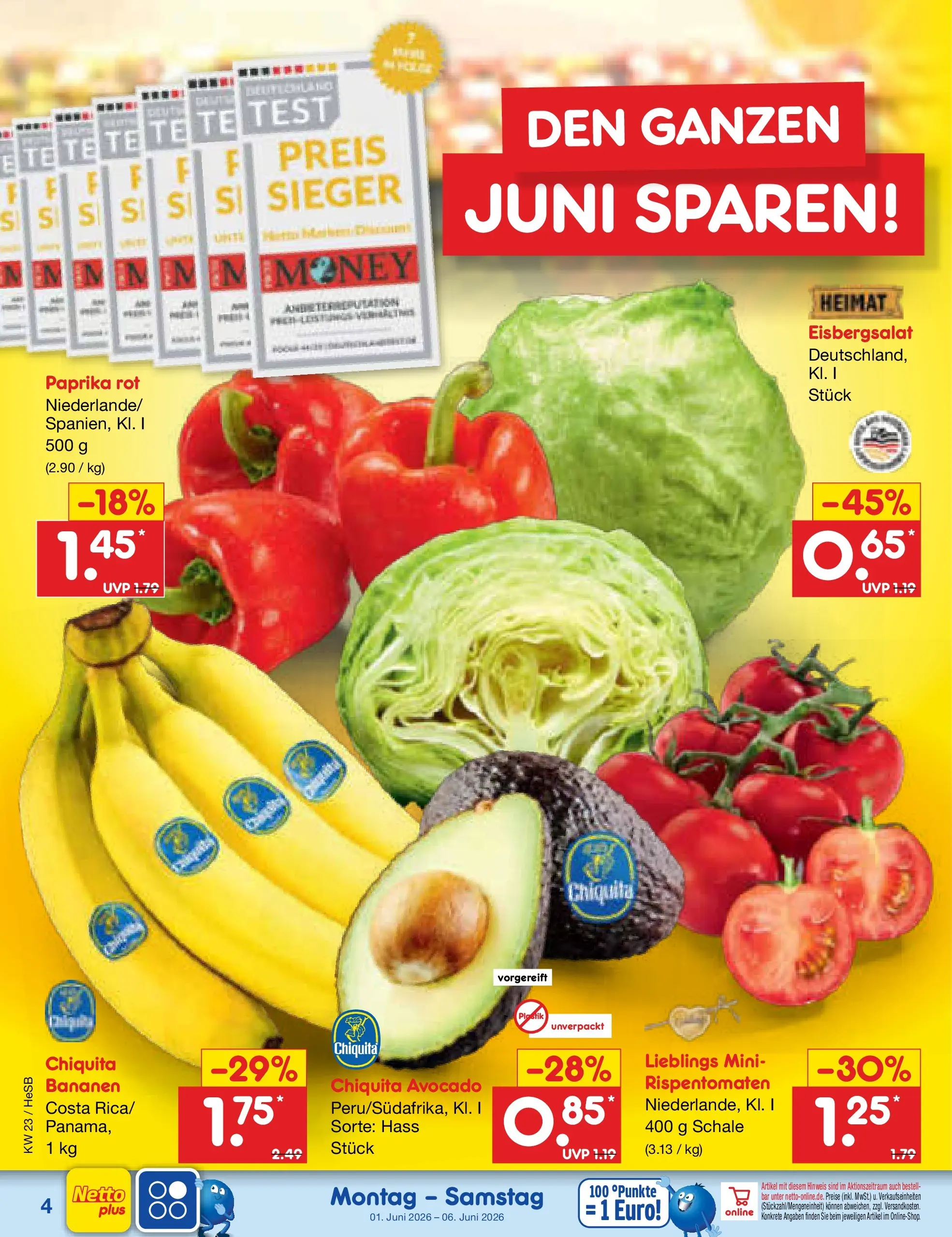 Netto Marken-Discount Prospekt Hamburg (ab 01.06.2026) » Angebote | Seite: 4 | Produkte: Paprika rot, Bananen, Avocado, Paprika Netto Marken-Discount Prospekt Hamburg (ab 01.06.2026) » Angebote | Seite: 4 | Produkte: Paprika rot, Bananen, Avocado, Paprika