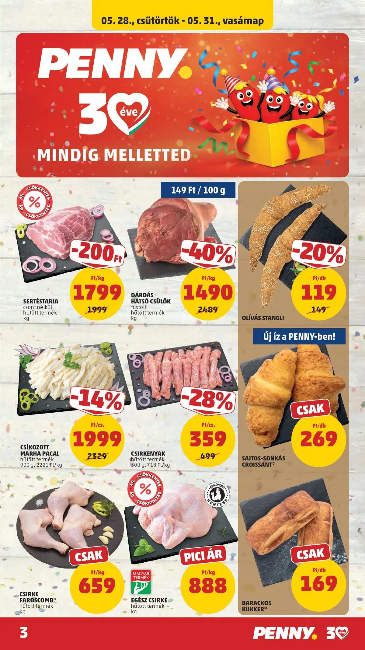 PENNY - Penny újság érvényessége 2026.06.03-ig: 2026.05.27.-tól lapozható | Oldal: 3 | Termékek: Croissant, Pacal, Egész csirke, Stangli