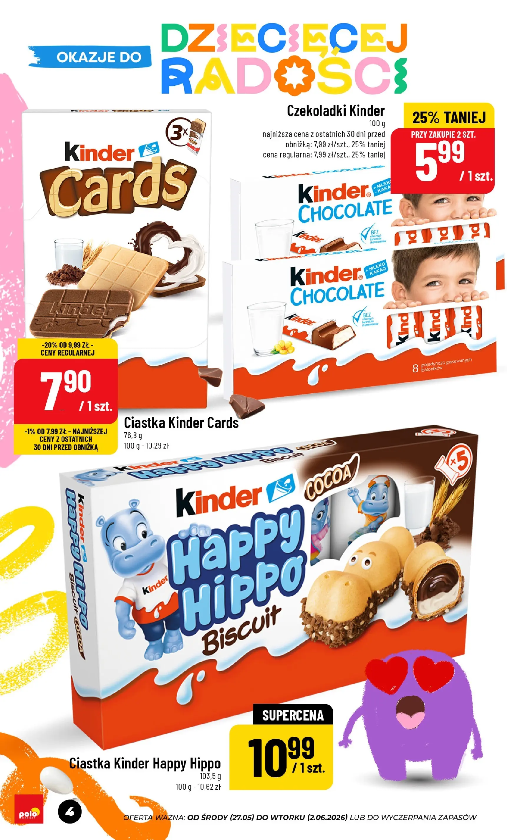 Nowa POLOmarket gazetka od jutra 27.05.2026 | Strona: 4 | Produkty: Czekoladki, Kakao, Ciastka, Kinder cards