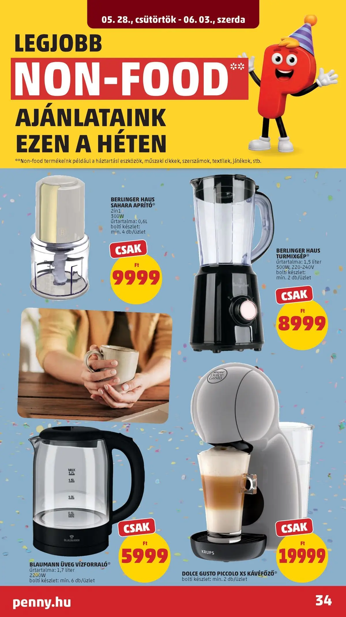 PENNY - Penny újság érvényessége 2026.06.03-ig: 2026.05.27.-tól lapozható | Oldal: 34 | Termékek: Dolce Gusto, Aprító, Vízforraló