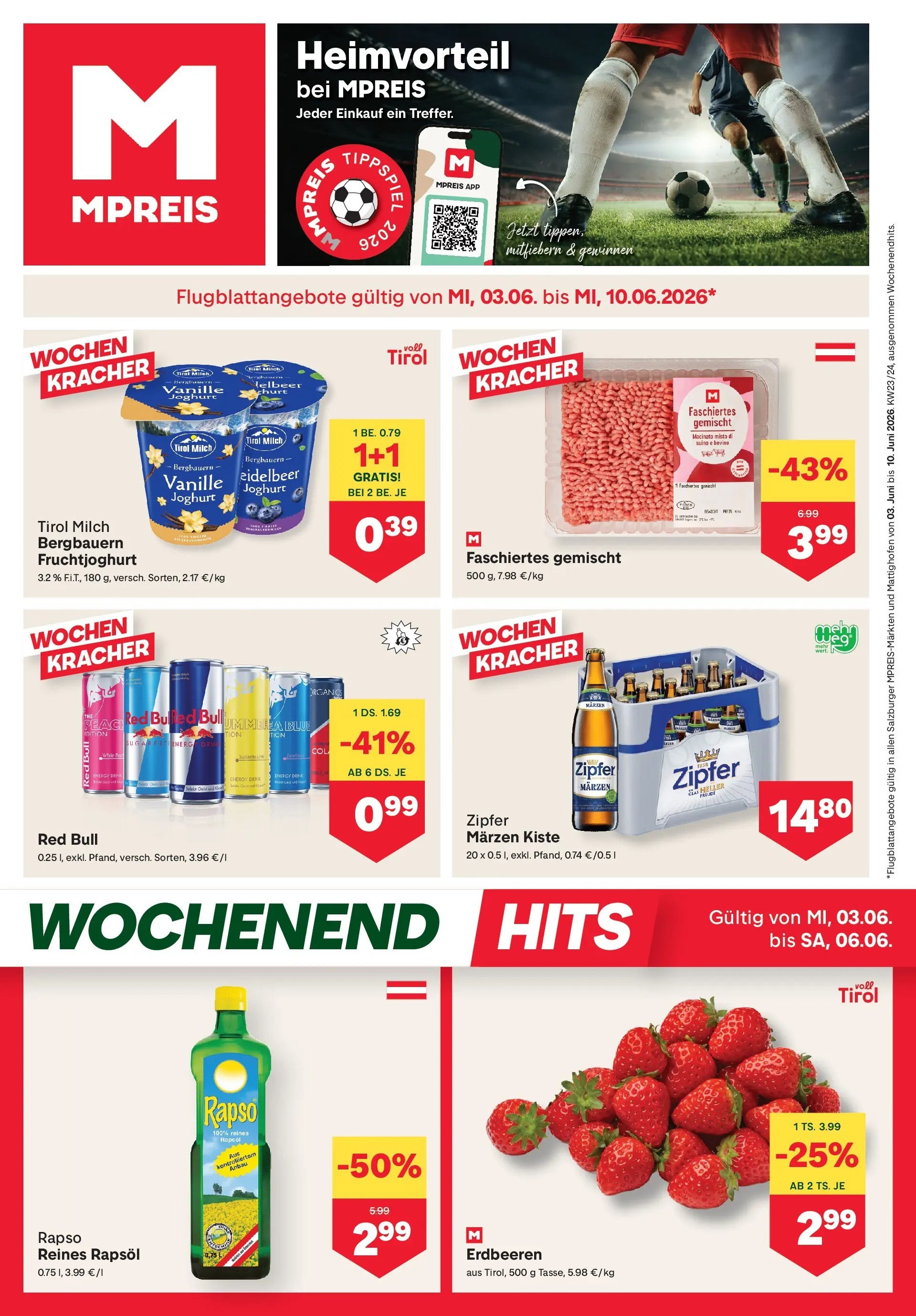 MPREIS Saalbach von 03.06.2026 - Aktuelle Angebote | Seite: 1 | Produkte: Erdbeeren, Milch, Joghurt