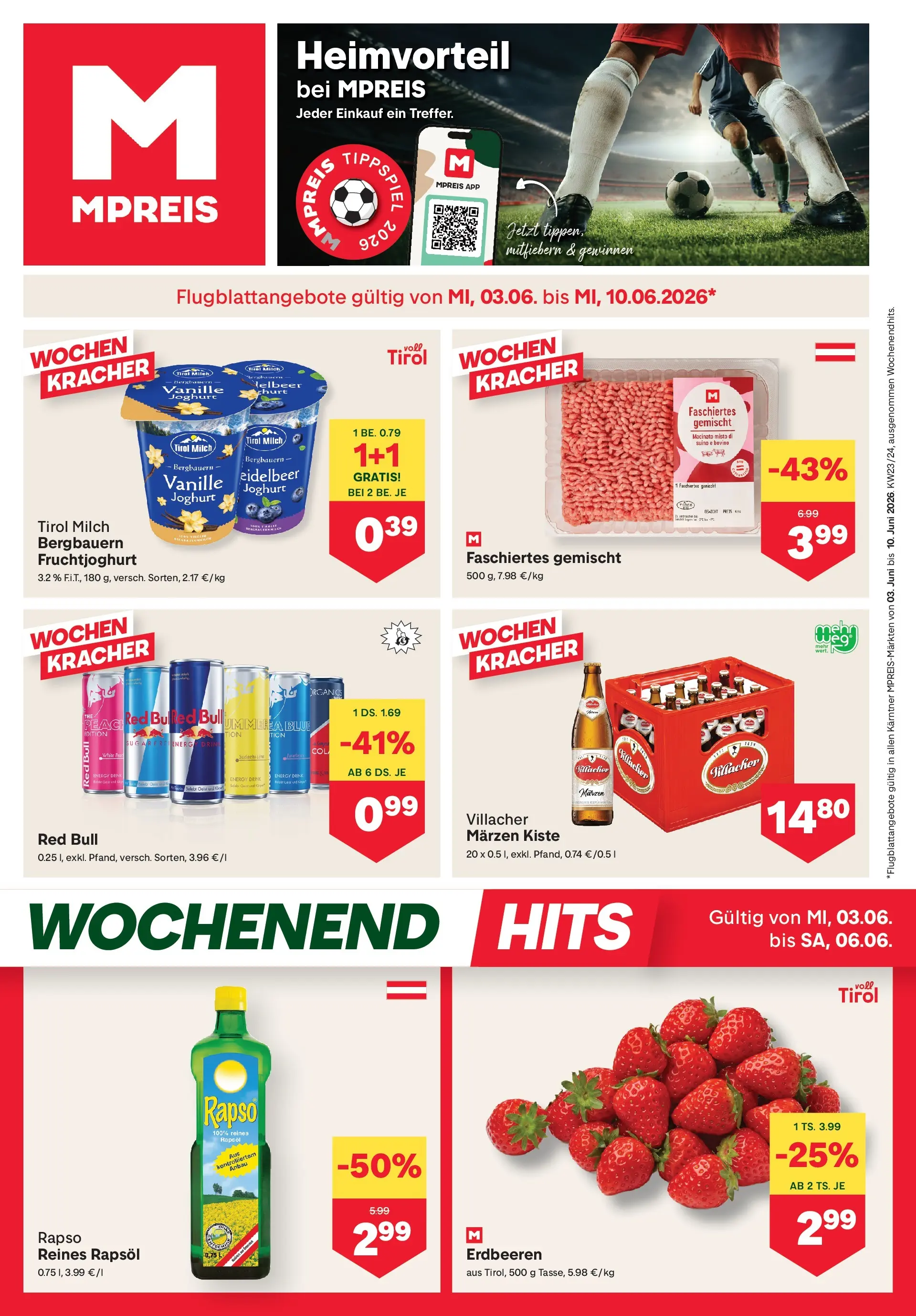 MPREIS Velden von 03.06.2026 - Aktuelle Angebote | Seite: 1 | Produkte: Erdbeeren, Milch, Joghurt