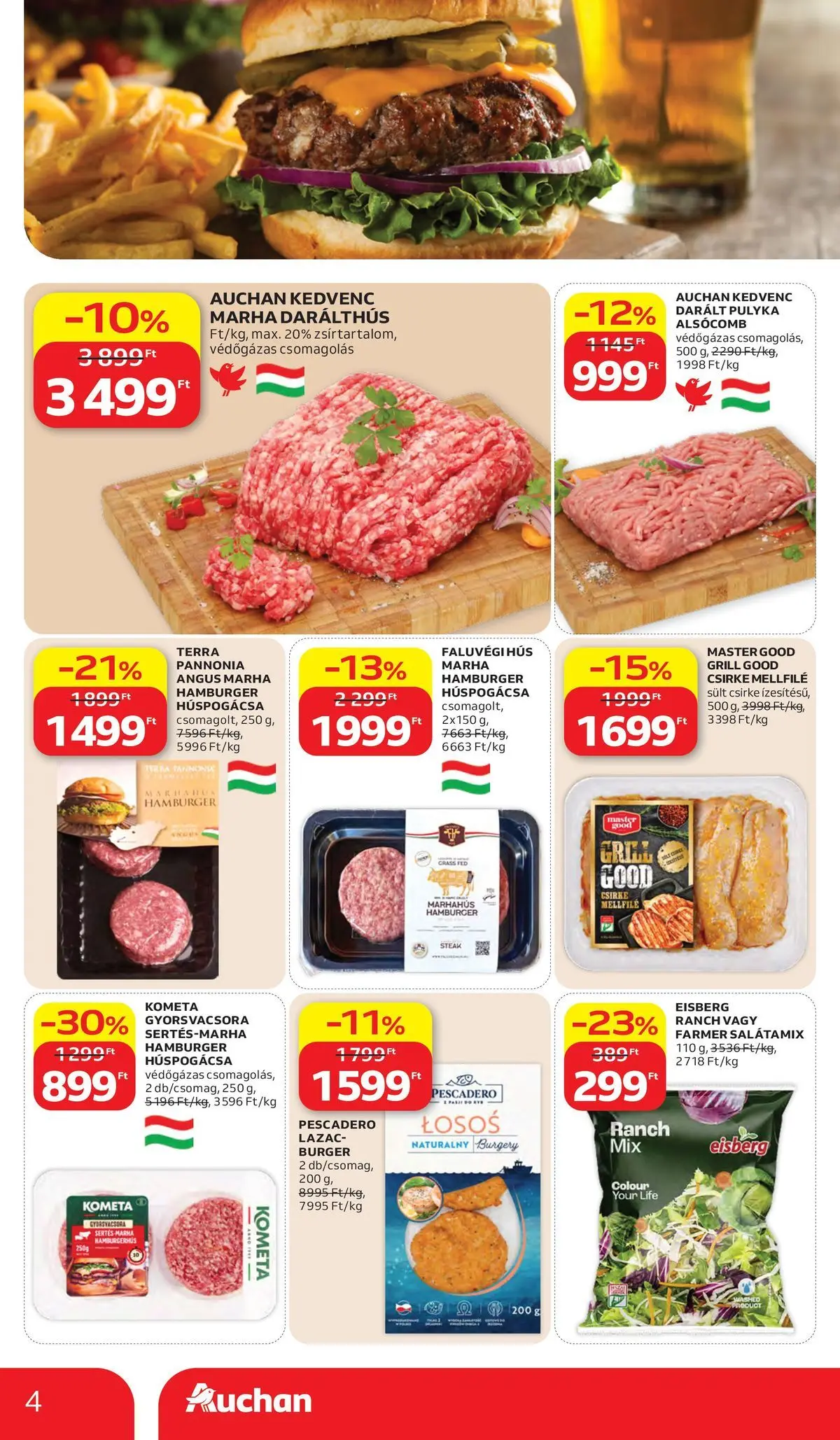 Akciós újság új Auchan - 2026.05.28. -tól/töl ⏳ | Oldal: 4 | Termékek: Farmer, Grill, Lazac, Marhahús Auchan akciós újság Kecskemét - 2026.05.28. -tól/töl > akció, lapozható szórólap 🛍️ | Oldal: 4 | Termékek: Farmer, Grill, Lazac, Marhahús