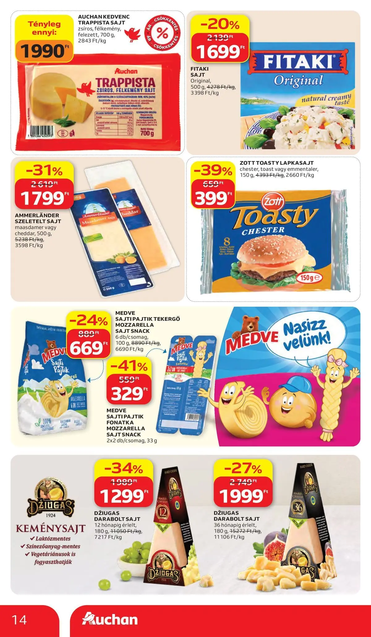 Akciós újság új Auchan - 2026.05.28. -tól/töl ⏳ | Oldal: 14 | Termékek: Mozzarella, Lapkasajt, Sajt, Szeletelt sajt Auchan akciós újság Kecskemét - 2026.05.28. -tól/töl > akció, lapozható szórólap 🛍️ | Oldal: 14 | Termékek: Mozzarella, Lapkasajt, Sajt, Szeletelt sajt