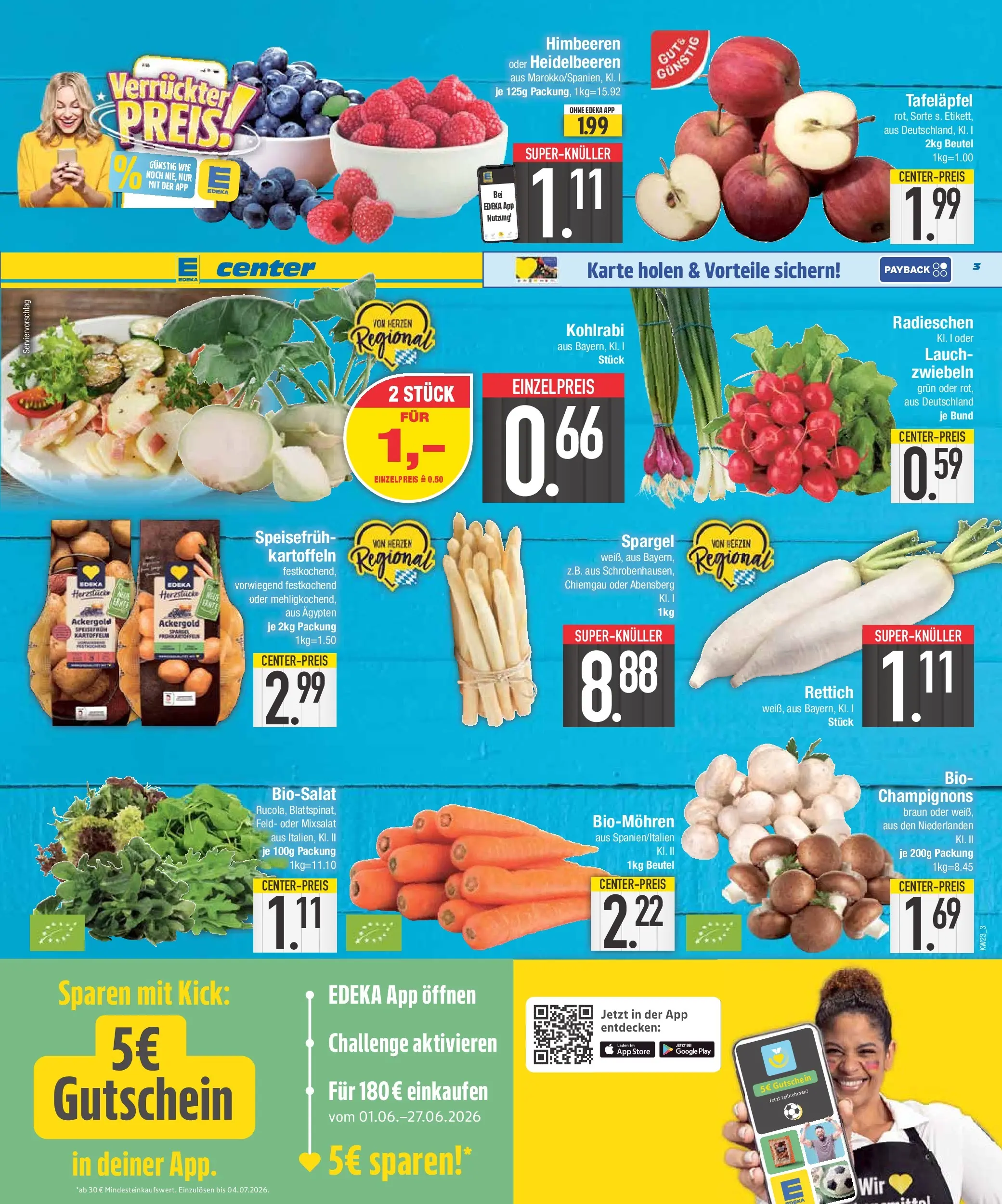 E center Prospekt Großmehring (ab 31.05.2026) zum Blättern | Seite: 3 | Produkte: Himbeeren, Spargel, Champignons, Kartoffeln