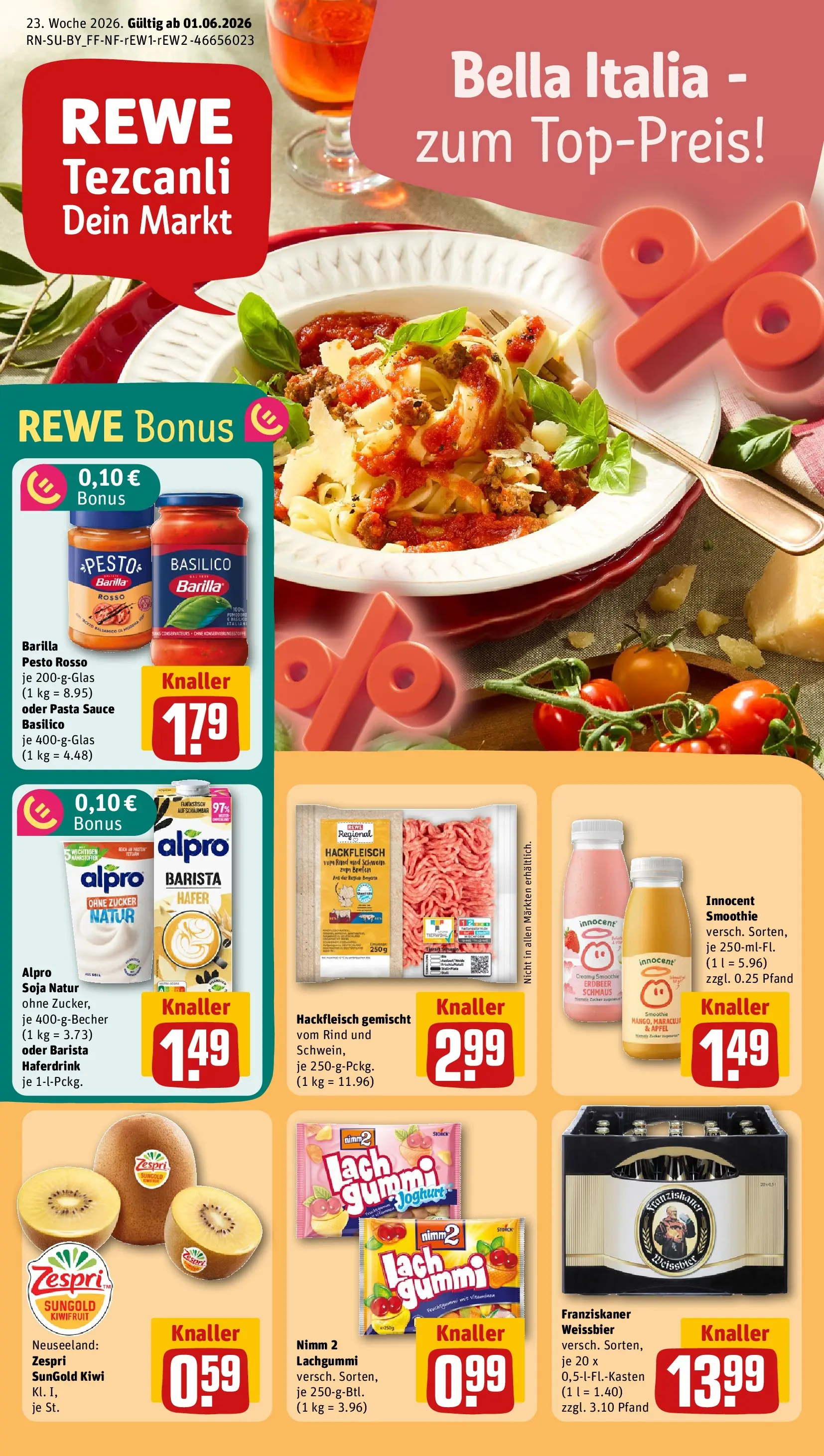 REWE Prospekt ab 31.05.2026 zum Blättern » Angebote | Seite: 1 | Produkte: Franziskaner, Barilla, Weißbier, Kiwi