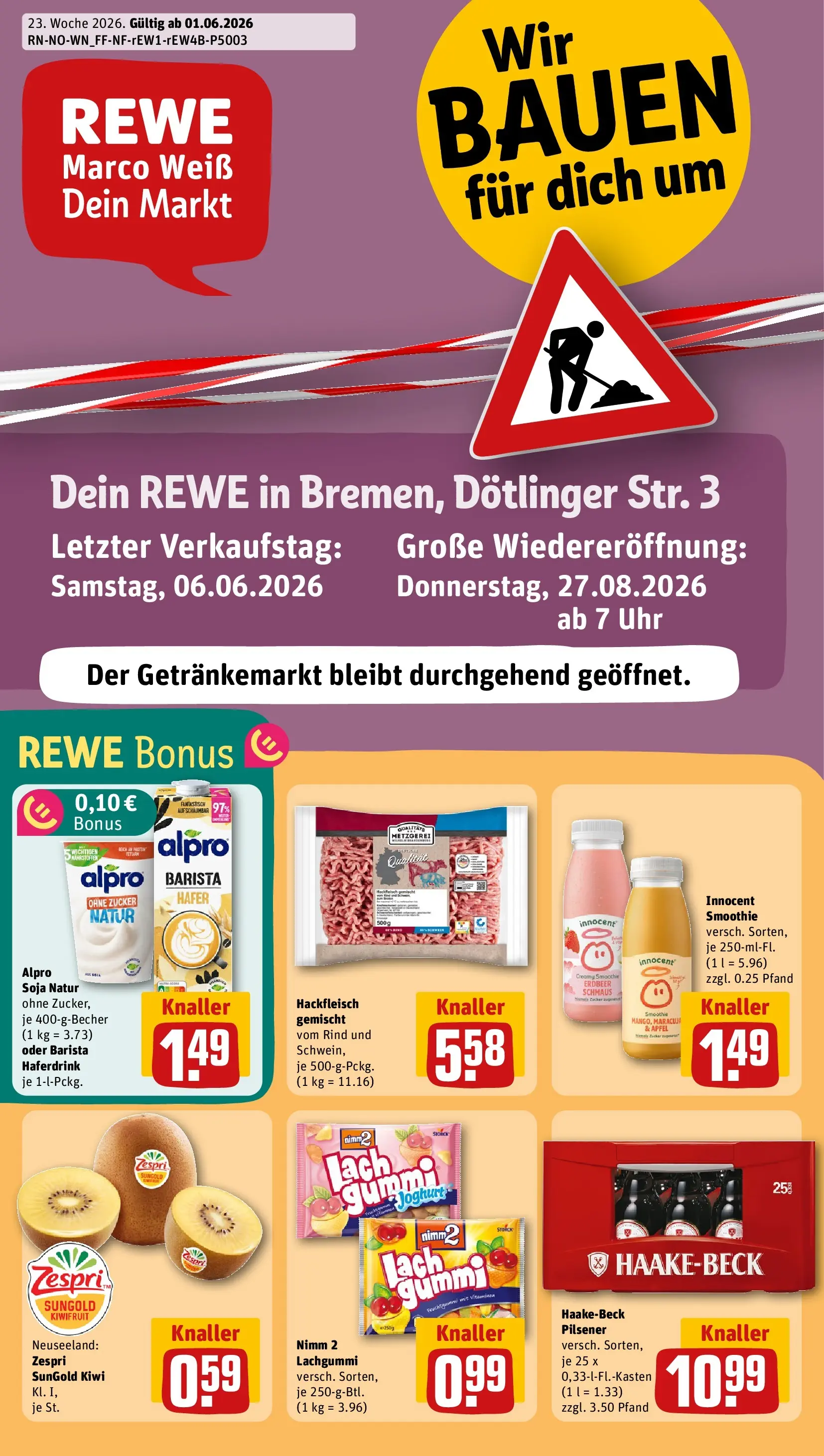 REWE Prospekt ab 01.06.2026 zum Blättern » Angebote | Seite: 1 | Produkte: Haferdrink, Zucker, Kiwi, Uhr