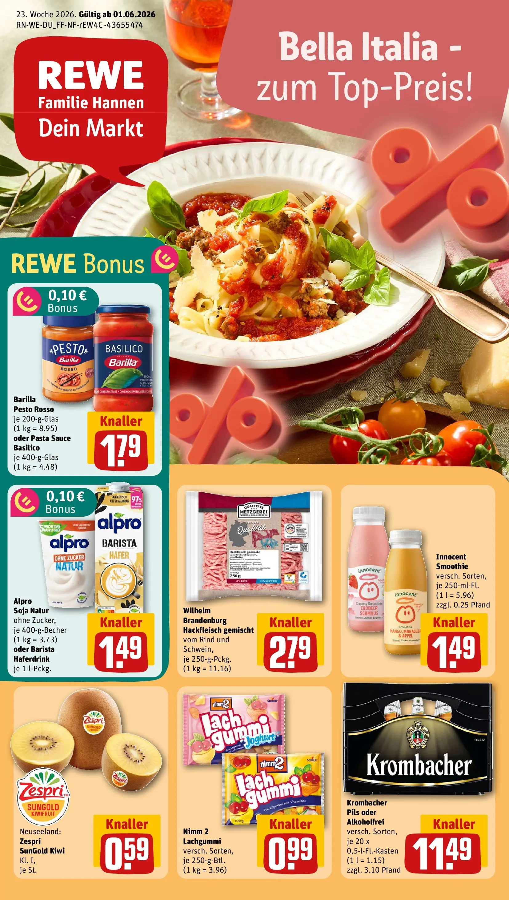 REWE Prospekt ab 31.05.2026 zum Blättern » Angebote | Seite: 1 | Produkte: Alpro, Zucker, Pasta, Kiwi